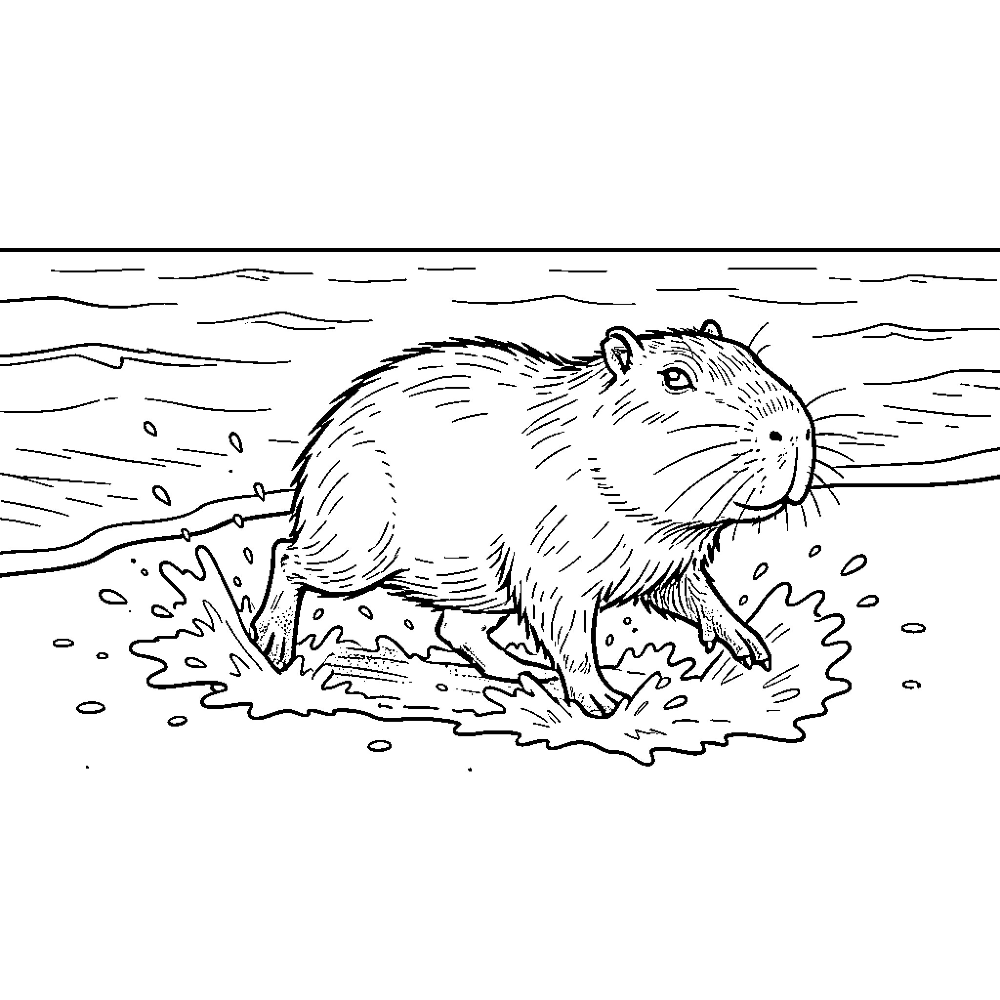 Capybara running through splashing water Coloring Page (free black-and-white line drawing printable PDF for all, from beginners to advanced learners, including children, teens, adults, and seniors)
