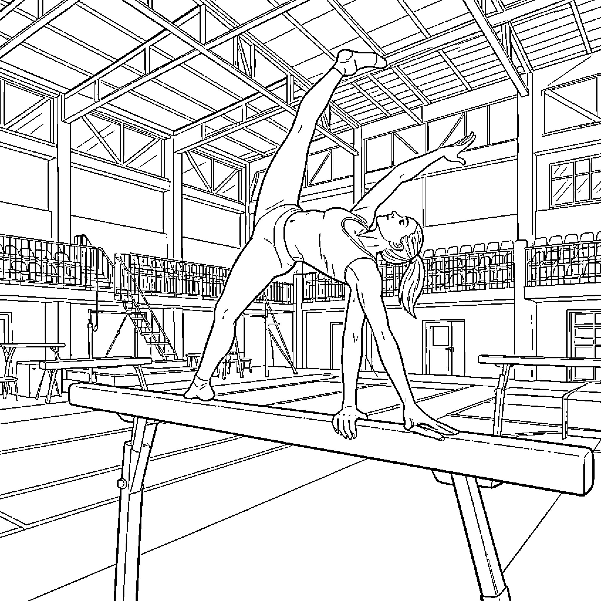 Gymnast performing acrobatic routine on balance beam Coloring Page (free black-and-white line drawing printable PDF for all, from beginners to advanced learners, including children, teens, adults, and seniors)