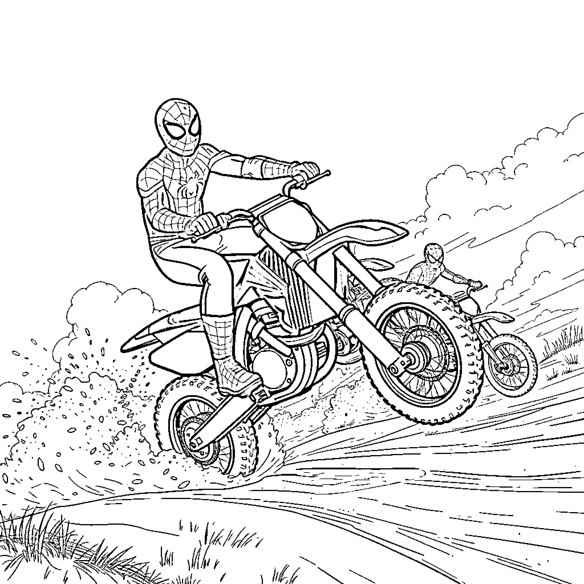 Spiderman riding a dirt bike through the field Coloring Page (free black-and-white line drawing printable PDF for all, from beginners to advanced learners, including children, teens, adults, and seniors)