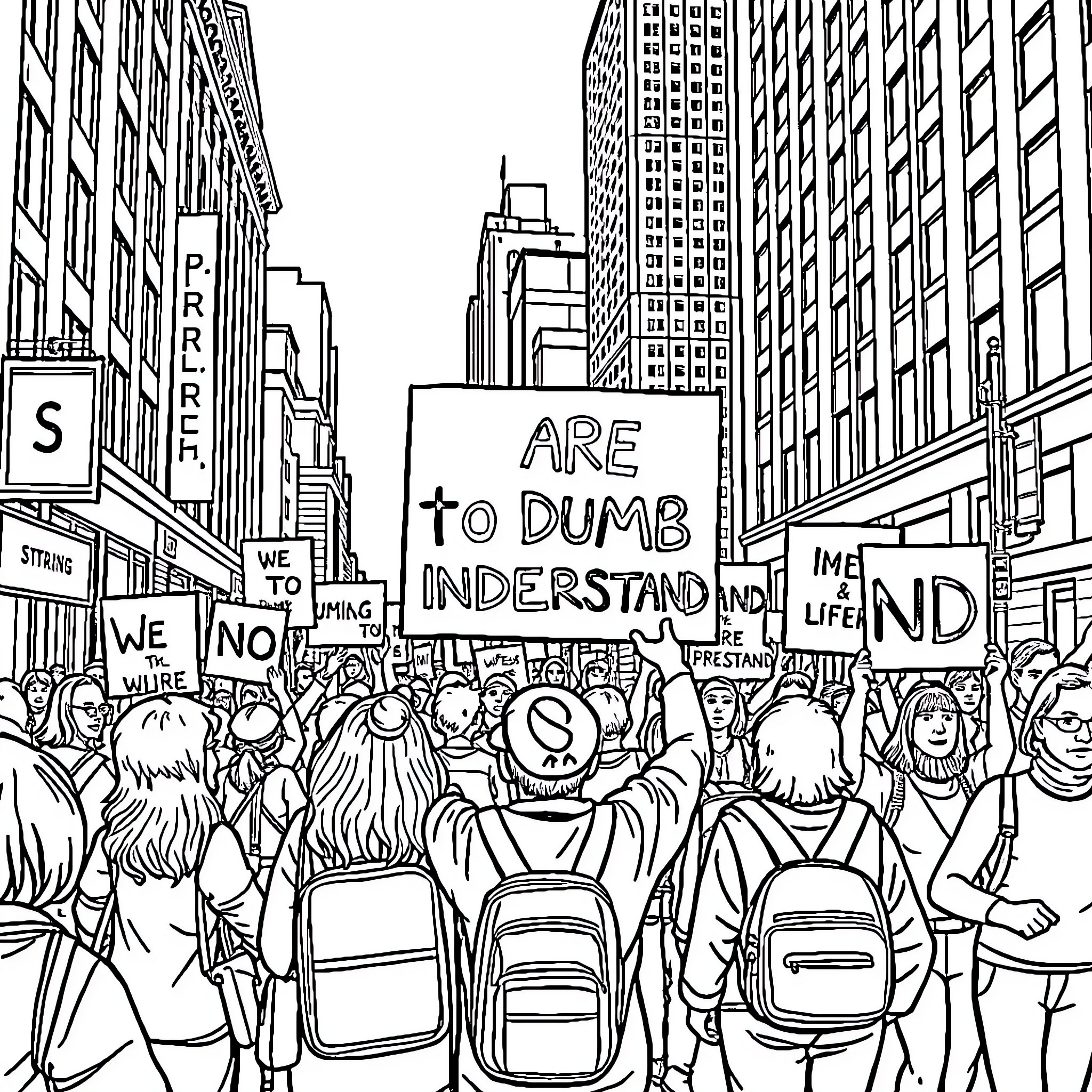 Protester demanding change in the city streets Coloring Page (free black-and-white line drawing printable PDF for all, from beginners to advanced learners, including children, teens, adults, and seniors)