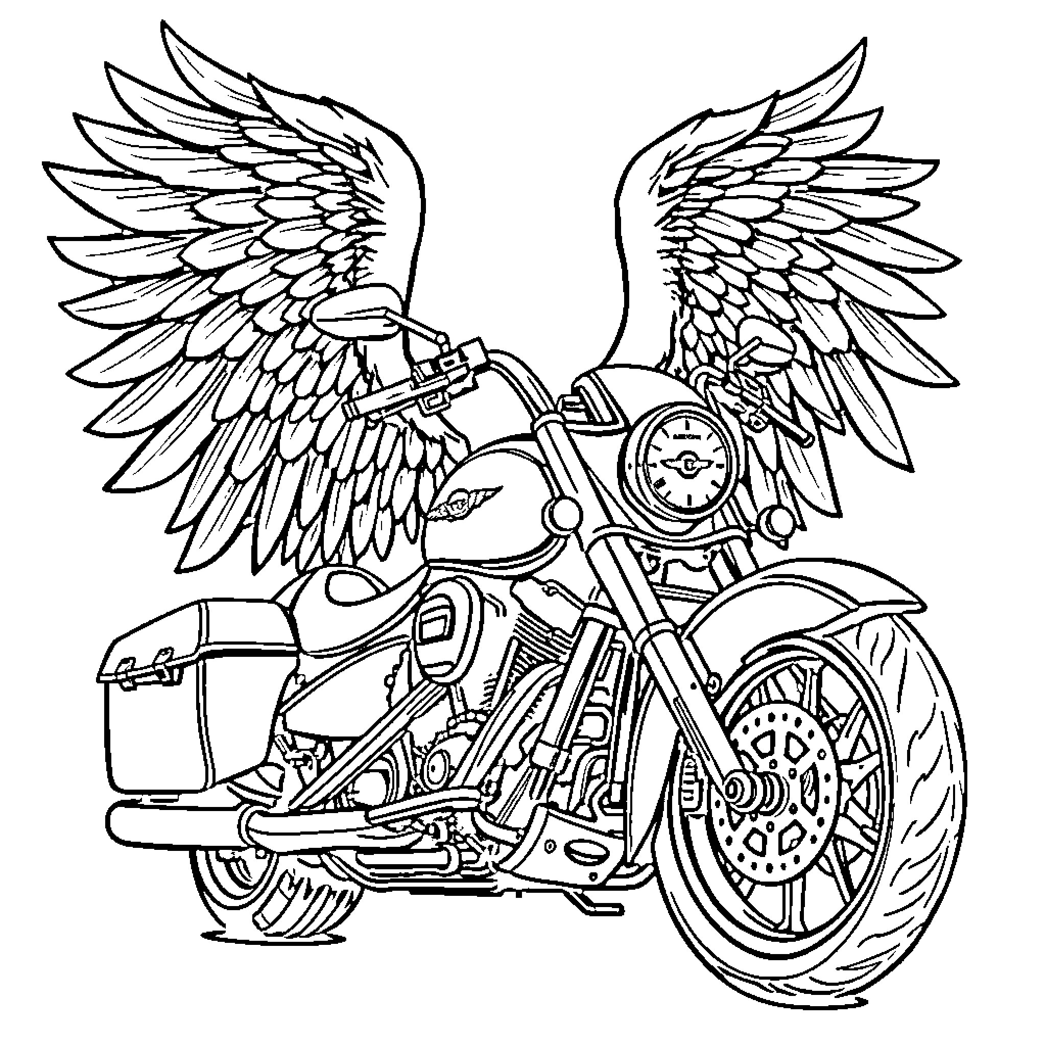 Roadking winged motorcycle in motion Coloring Page (free black-and-white line drawing printable PDF for all, from beginners to advanced learners, including children, teens, adults, and seniors)