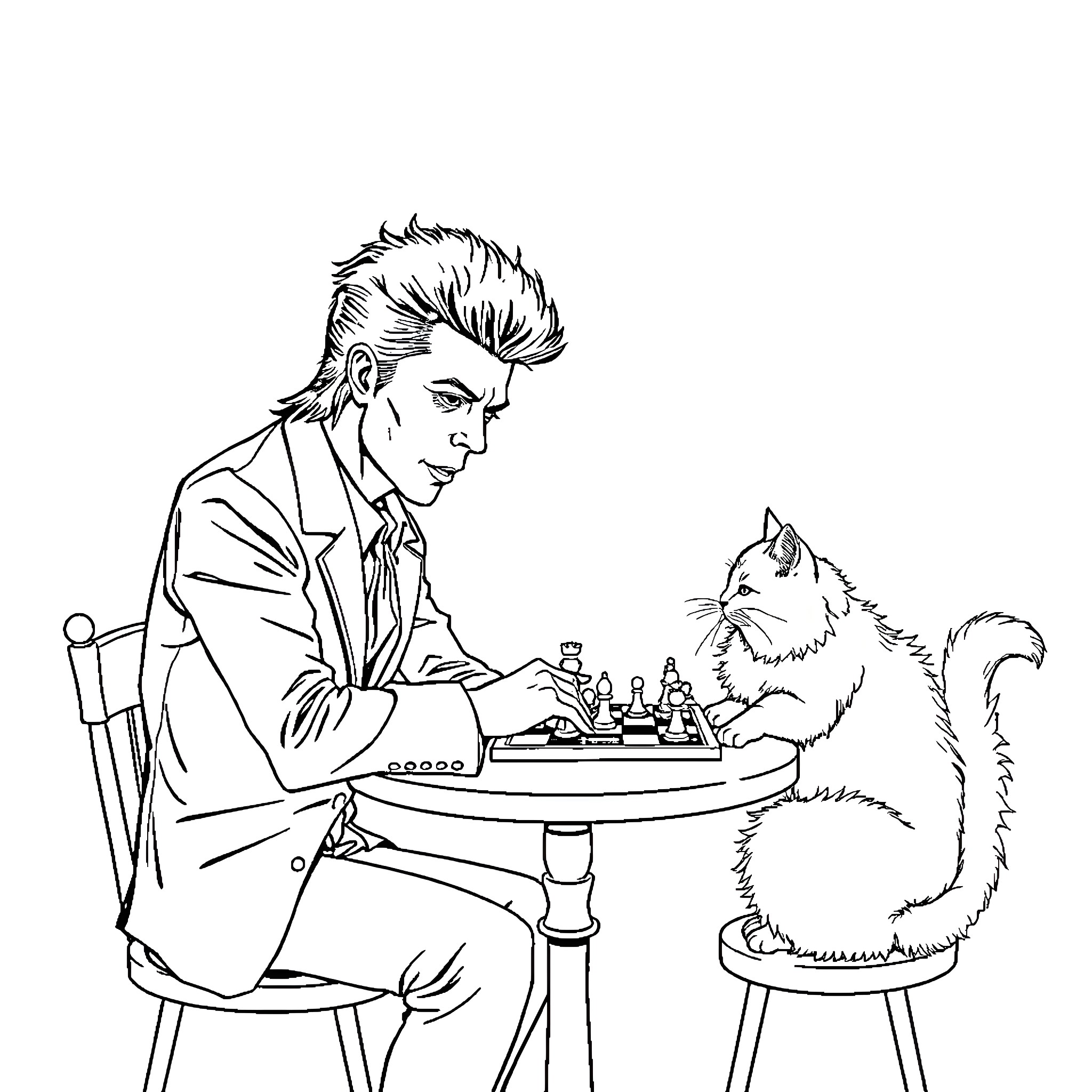 David Bowie Playing Chess with His Feline Companion Coloring Page (free black-and-white line drawing printable PDF for all, from beginners to advanced learners, including children, teens, adults, and seniors)