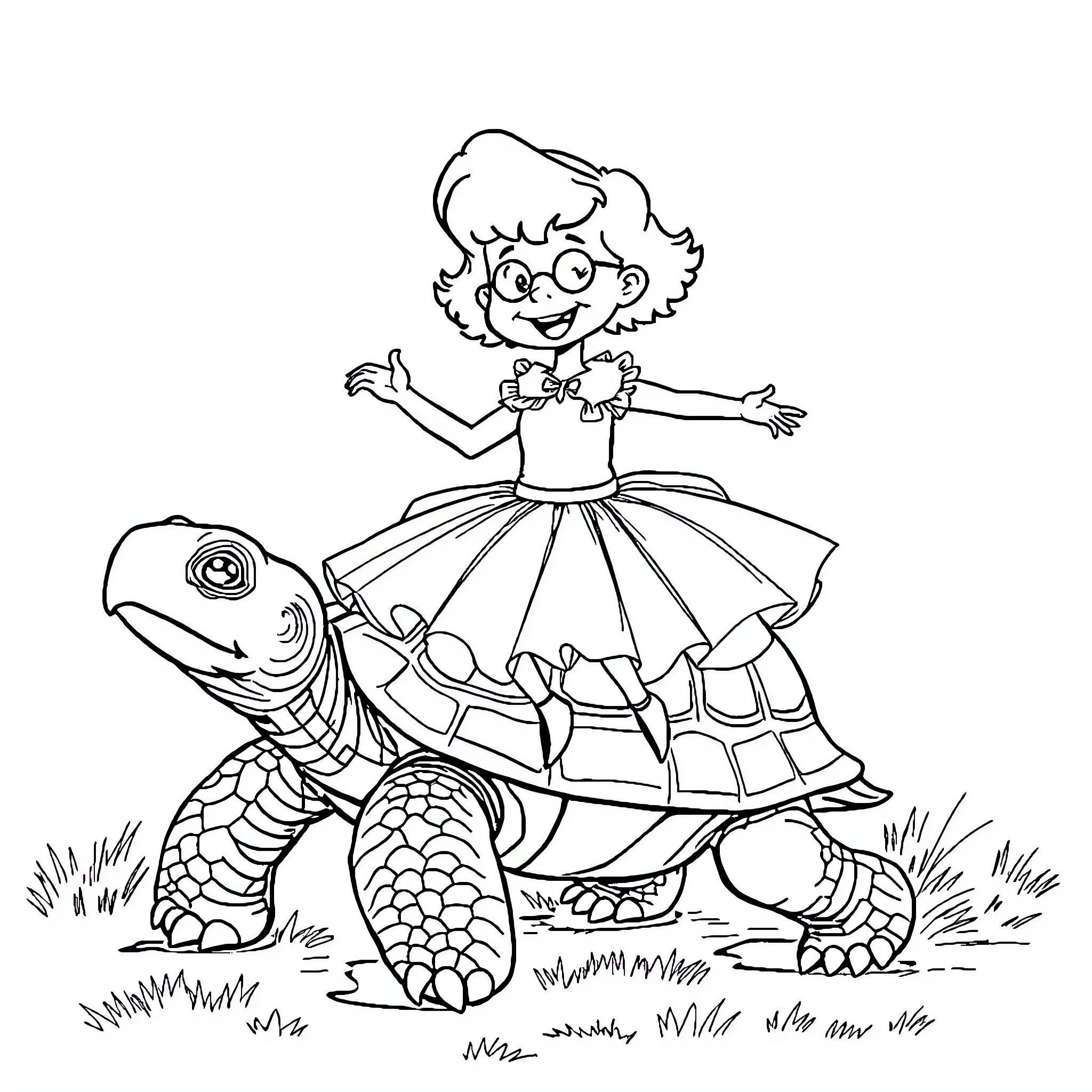 Doc Brown's fantastical turtle ride adventure Coloring Page (free black-and-white line drawing printable PDF for all, from beginners to advanced learners, including children, teens, adults, and seniors)