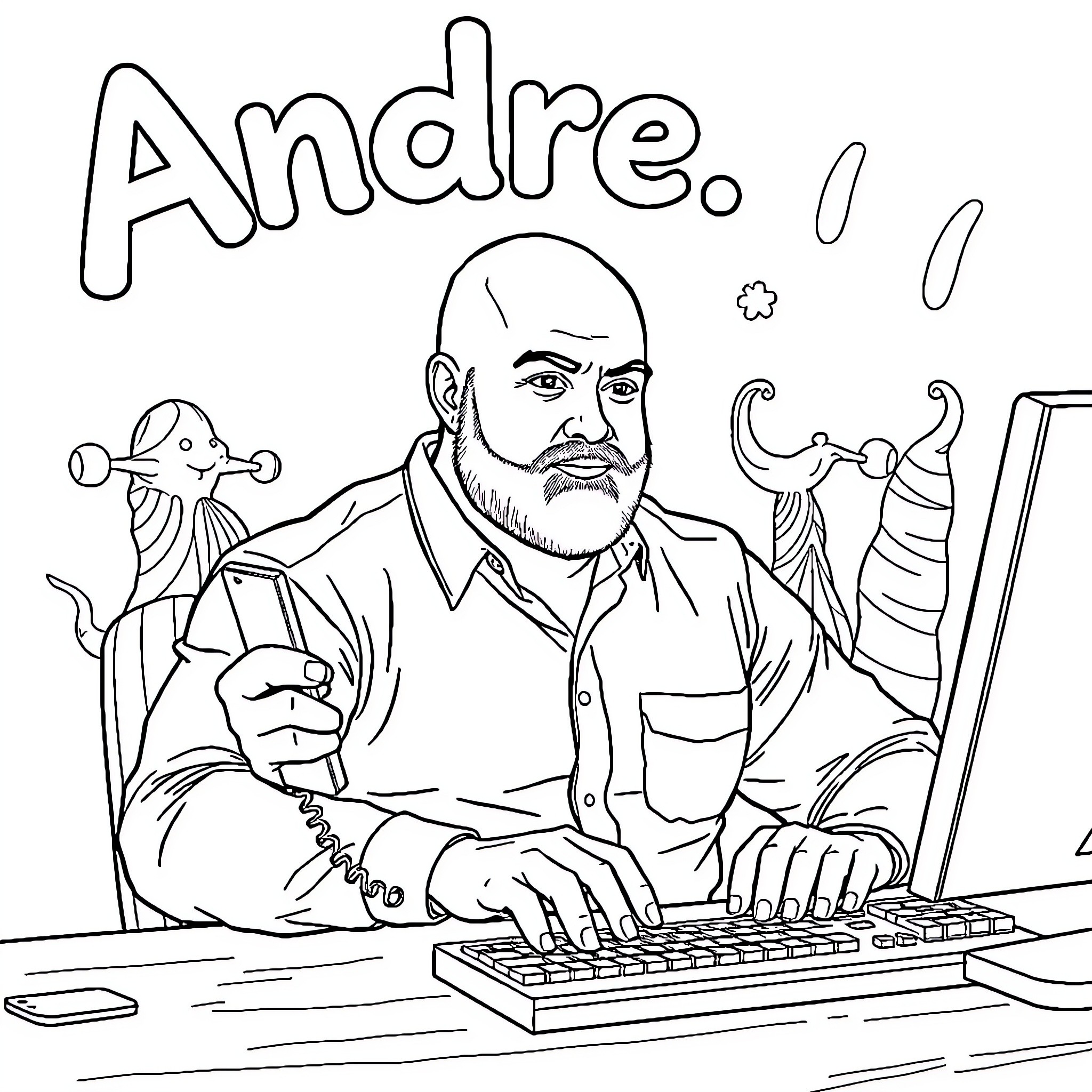 Man working intently at computer keyboard Coloring Page (free black-and-white line drawing printable PDF for all, from beginners to advanced learners, including children, teens, adults, and seniors)