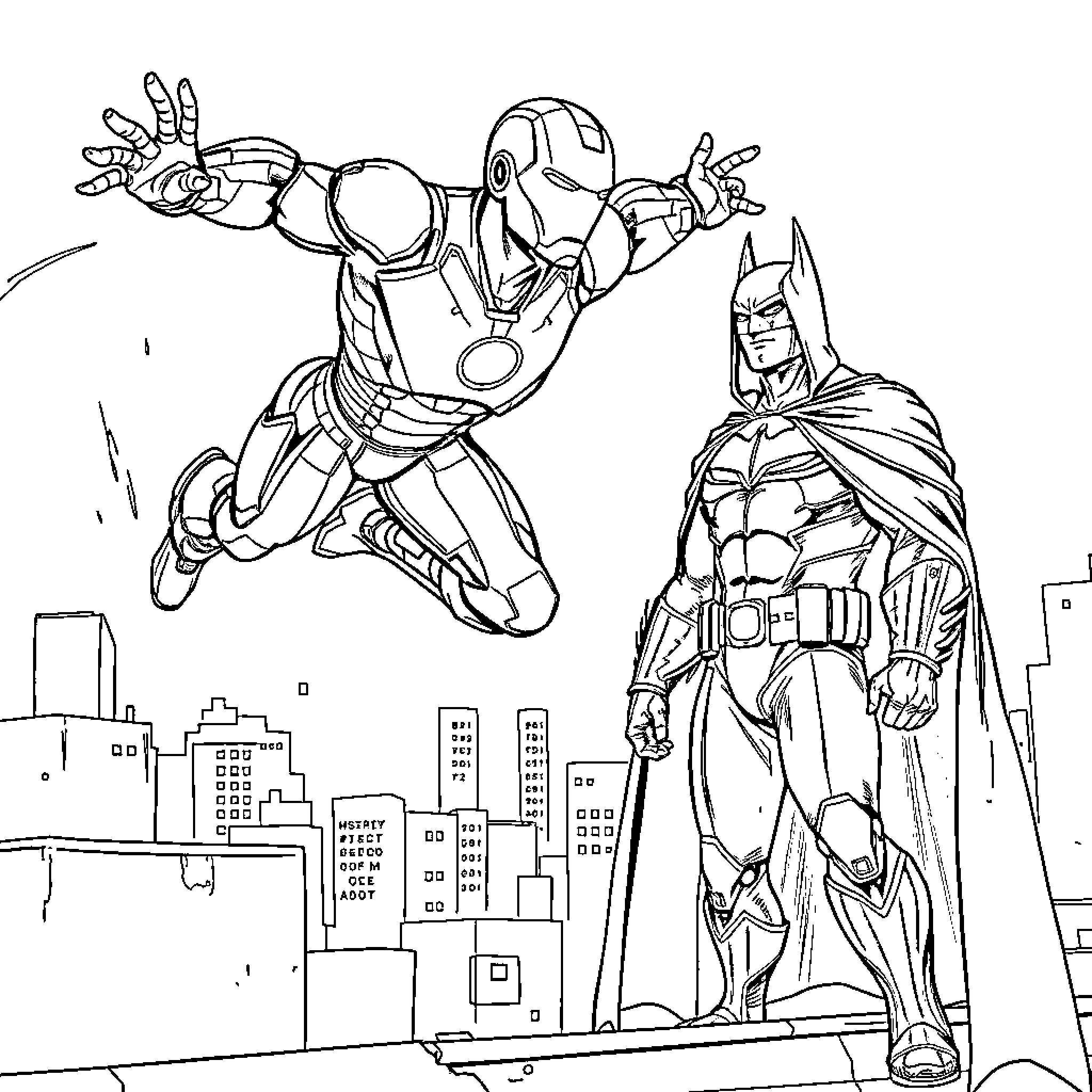 Iron Man and Batman in Heroic Clash over City Skyline Coloring Page (free black-and-white line drawing printable PDF for all, from beginners to advanced learners, including children, teens, adults, and seniors)