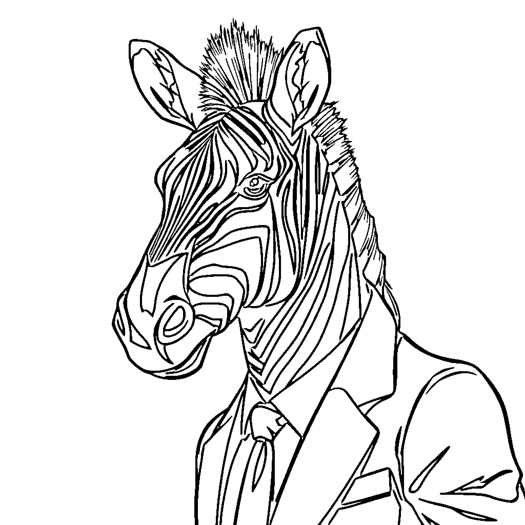 Zebra in formal attire Coloring Page (free black-and-white line drawing printable PDF for all, from beginners to advanced learners, including children, teens, adults, and seniors)