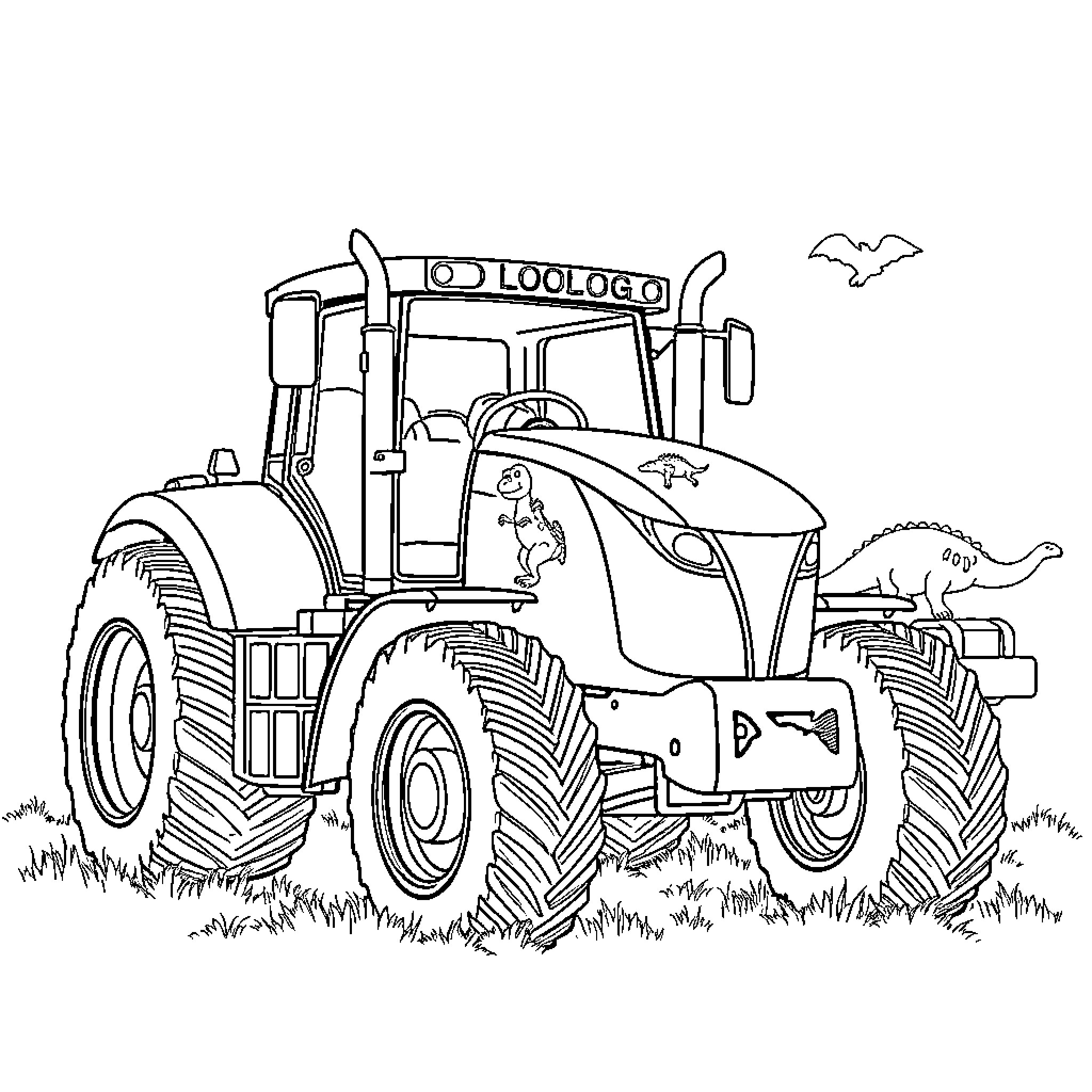 Dinosaur driving a tractor in the field Coloring Page (free black-and-white line drawing printable PDF for all, from beginners to advanced learners, including children, teens, adults, and seniors)