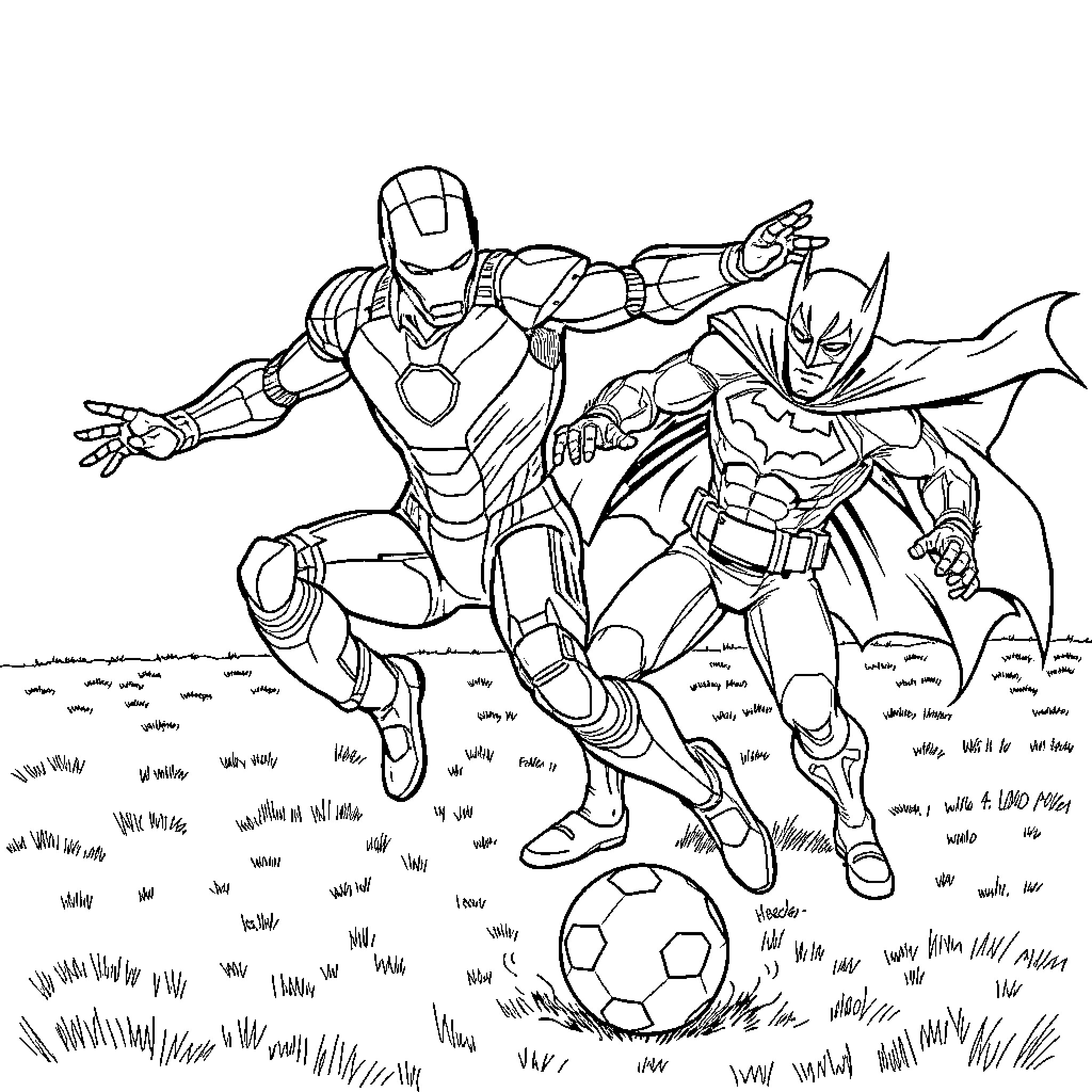 Iron Man and Batman Confronting on the Field Coloring Page (free black-and-white line drawing printable PDF for all, from beginners to advanced learners, including children, teens, adults, and seniors)