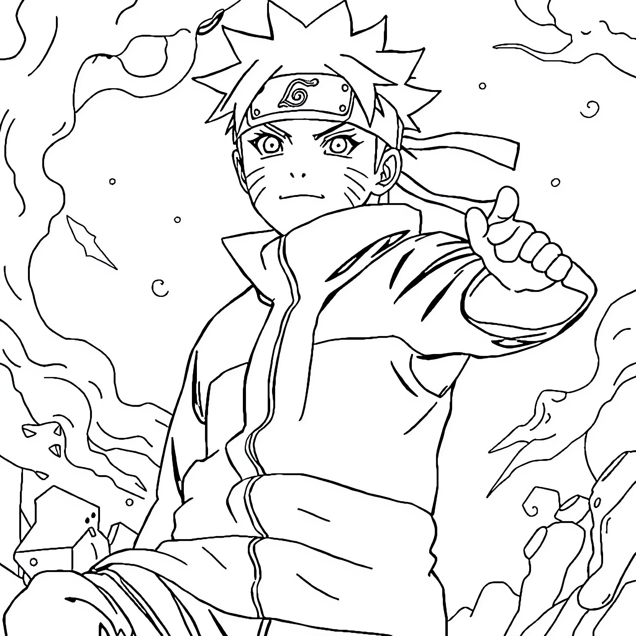 Naruto in action with determined expression Coloring Page (free black-and-white line drawing printable PDF for all, from beginners to advanced learners, including children, teens, adults, and seniors)