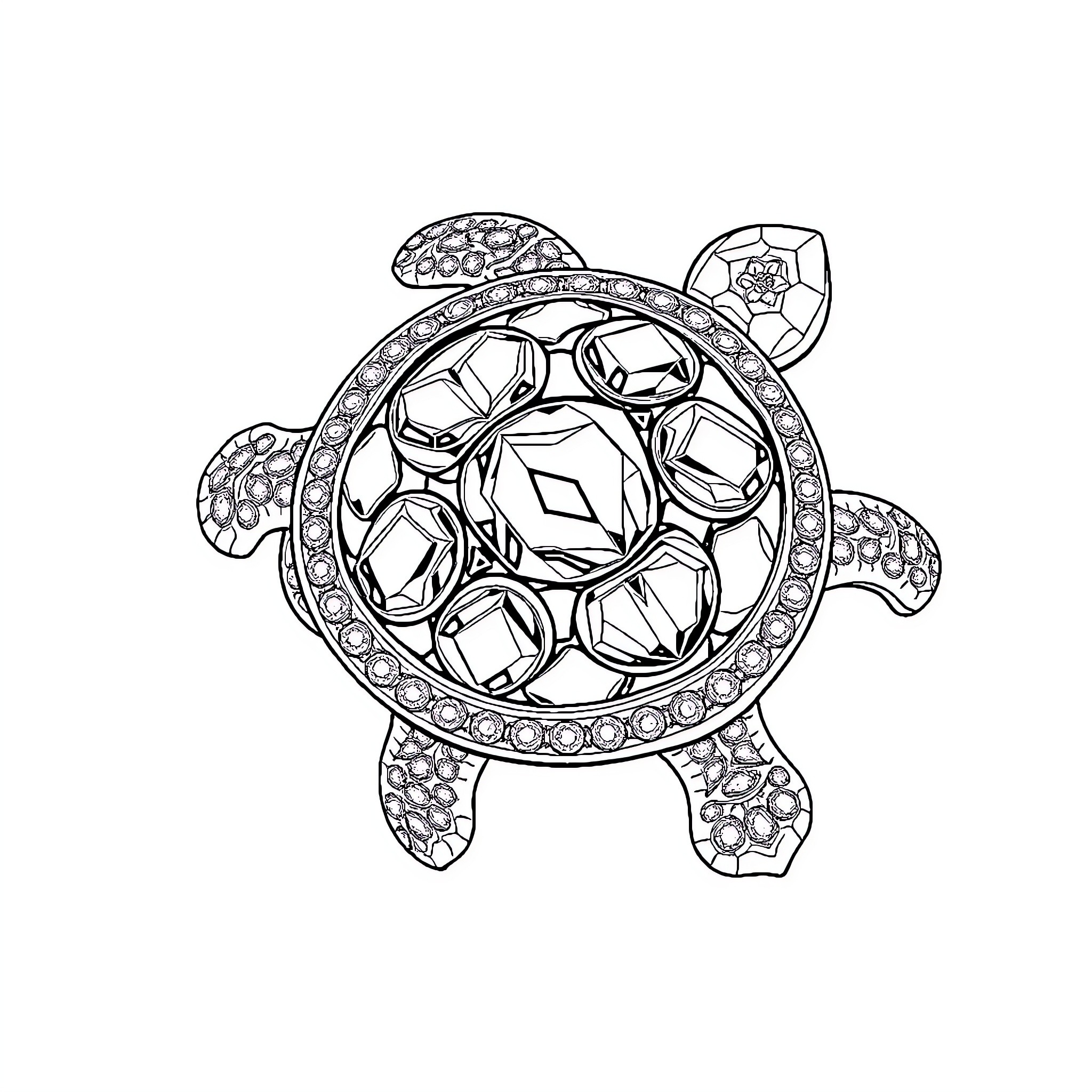 Turtle with intricate gemstone pattern Coloring Page (free black-and-white line drawing printable PDF for all, from beginners to advanced learners, including children, teens, adults, and seniors)