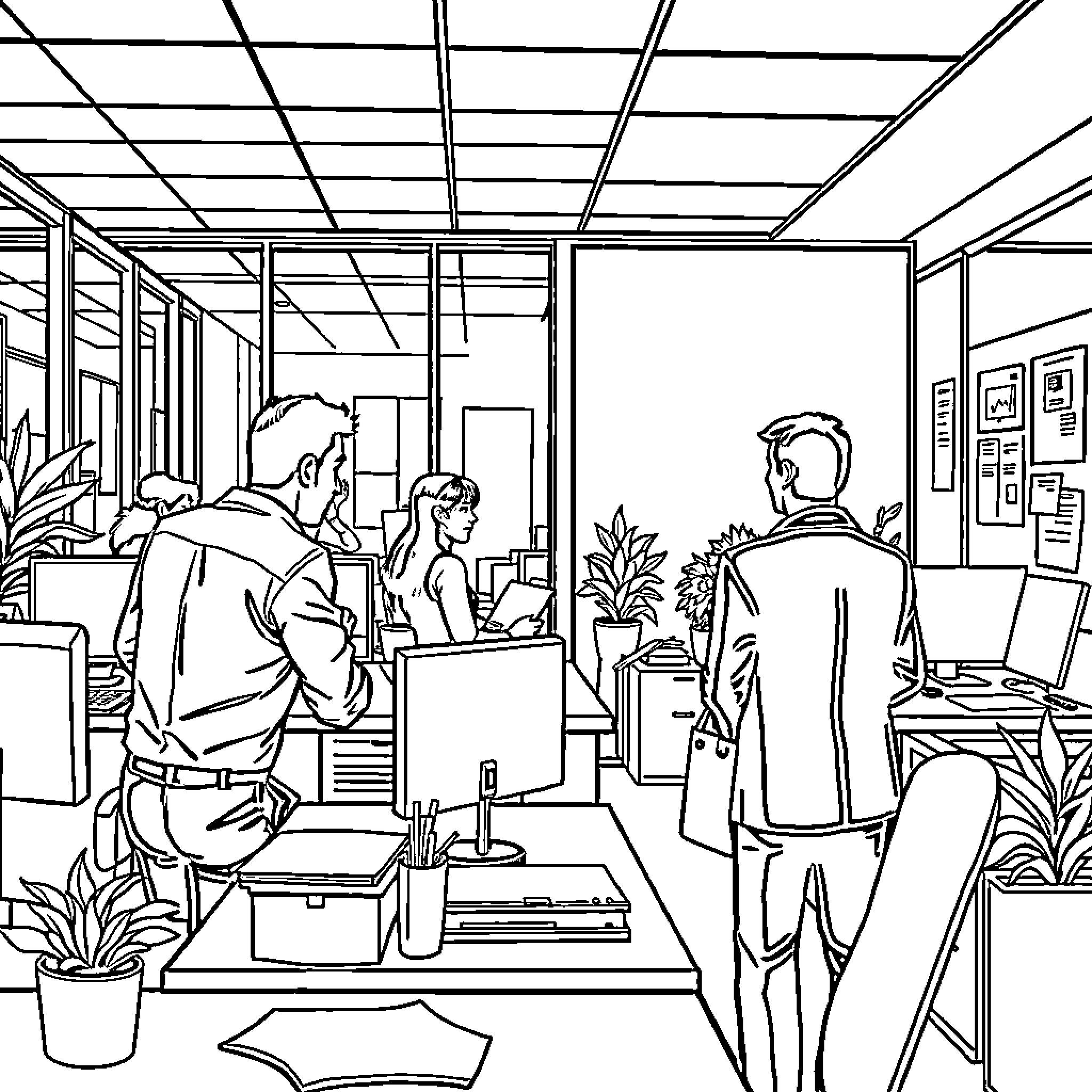 Business people working in modern office Coloring Page (free black-and-white line drawing printable PDF for all, from beginners to advanced learners, including children, teens, adults, and seniors)