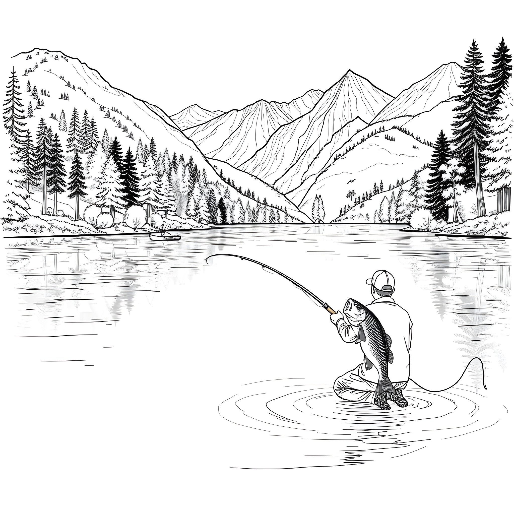 Bass fishing in the serene mountain lake Coloring Page (free black-and-white line drawing printable PDF for all, from beginners to advanced learners, including children, teens, adults, and seniors)