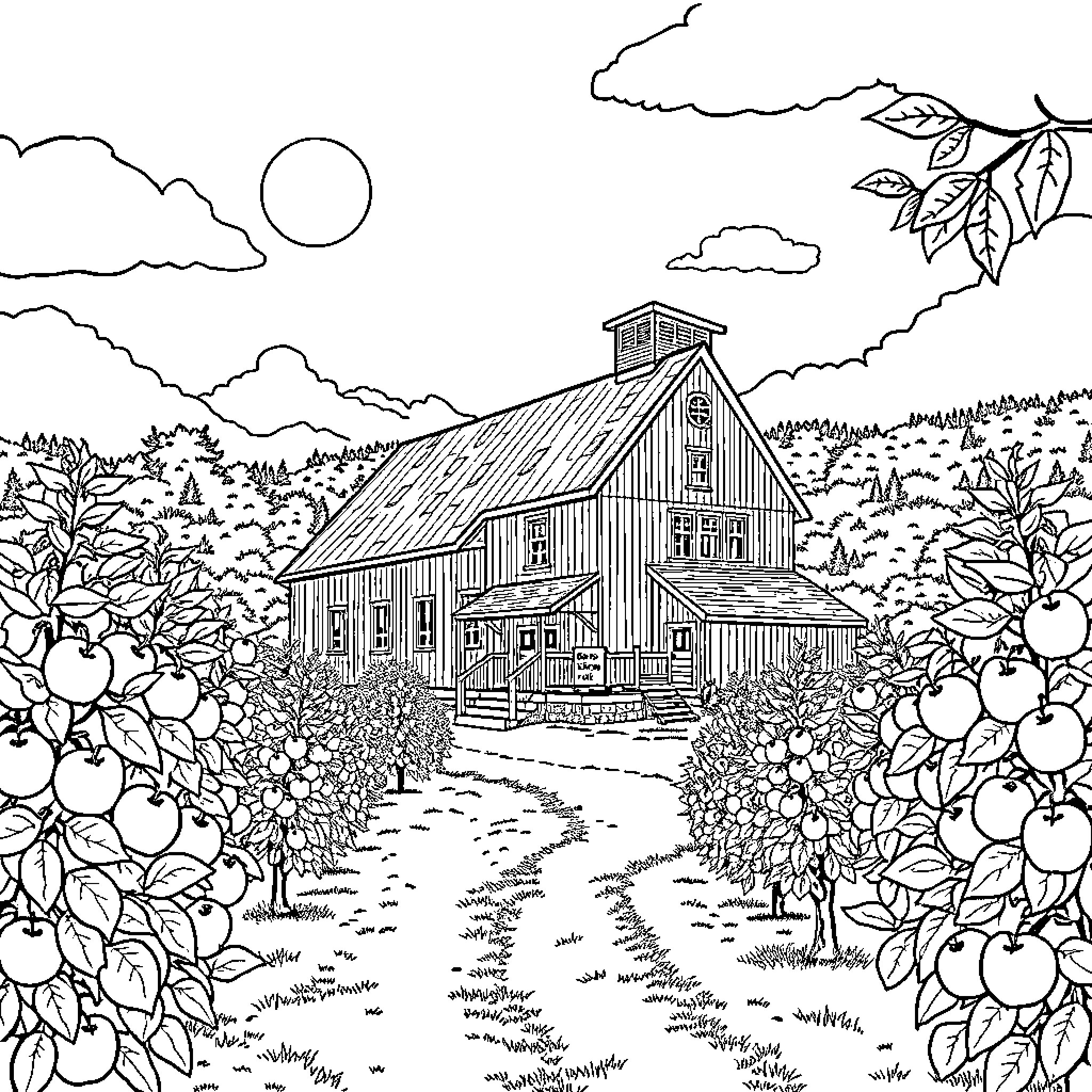 Cider Mill in Peaceful Autumn Landscape Coloring Page (free black-and-white line drawing printable PDF for all, from beginners to advanced learners, including children, teens, adults, and seniors)