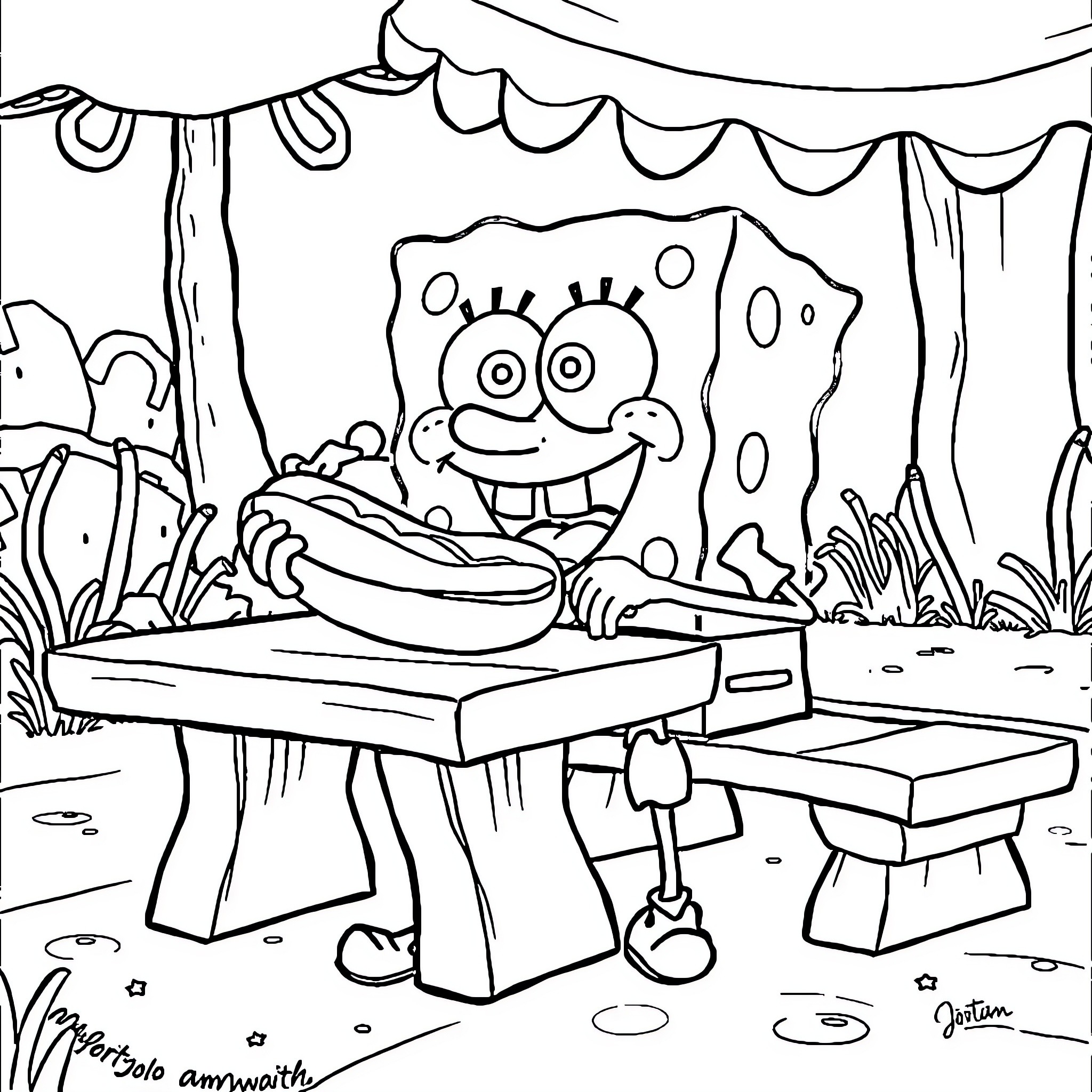 Spongebob playing joyfully on picnic tables in the park Coloring Page (free black-and-white line drawing printable PDF for all, from beginners to advanced learners, including children, teens, adults, and seniors)