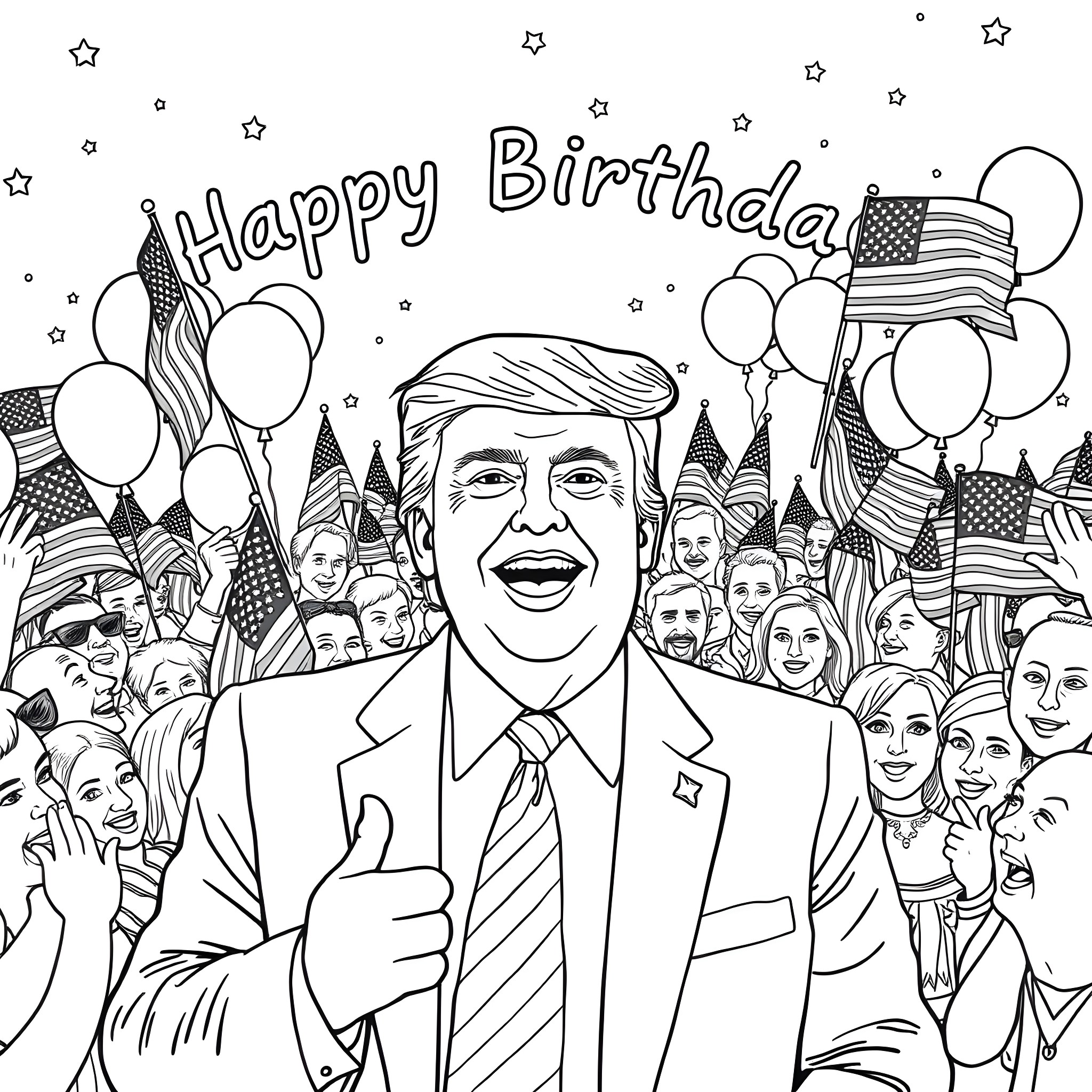Trump Celebrating His Birthday with Supporters Coloring Page (free black-and-white line drawing printable PDF for all, from beginners to advanced learners, including children, teens, adults, and seniors)