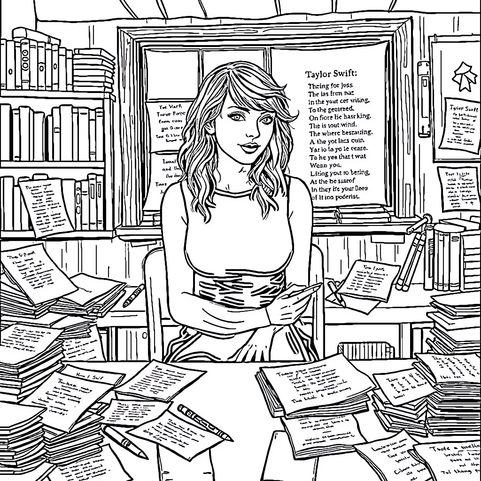 Taylor Swift: Studying in Her Home Library Coloring Page (free black-and-white line drawing printable PDF for all, from beginners to advanced learners, including children, teens, adults, and seniors)