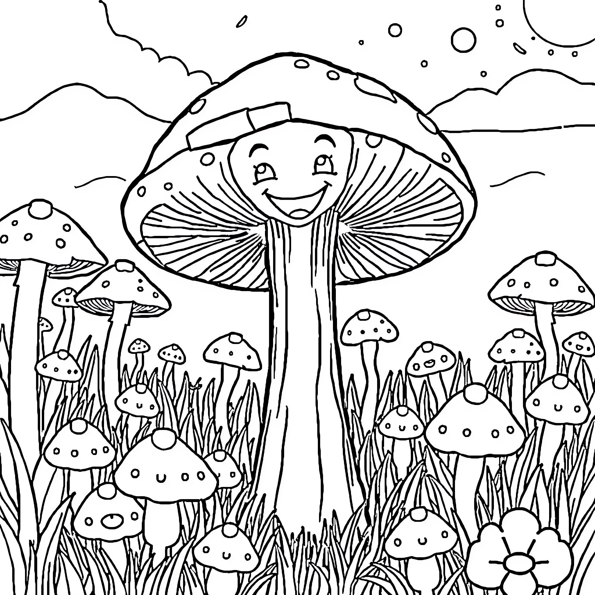 Lububus Mushroom Forest Coloring Page (free black-and-white line drawing printable PDF for all, from beginners to advanced learners, including children, teens, adults, and seniors)