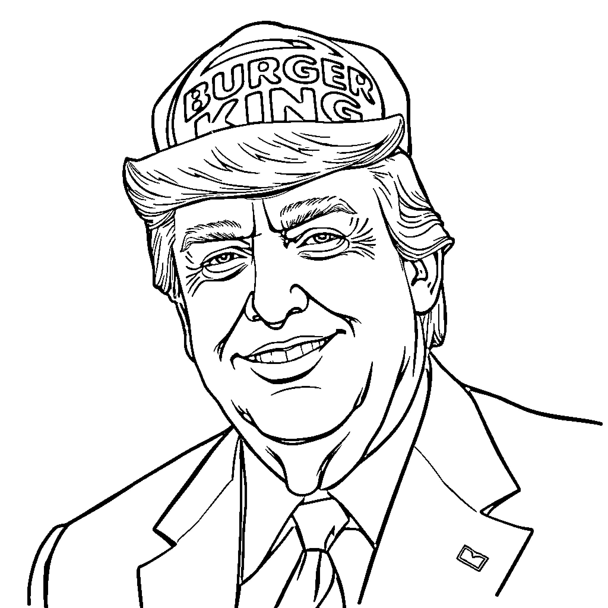 Donald Trump's Enthusiastic Burger King Appearance Coloring Page (free black-and-white line drawing printable PDF for all, from beginners to advanced learners, including children, teens, adults, and seniors)