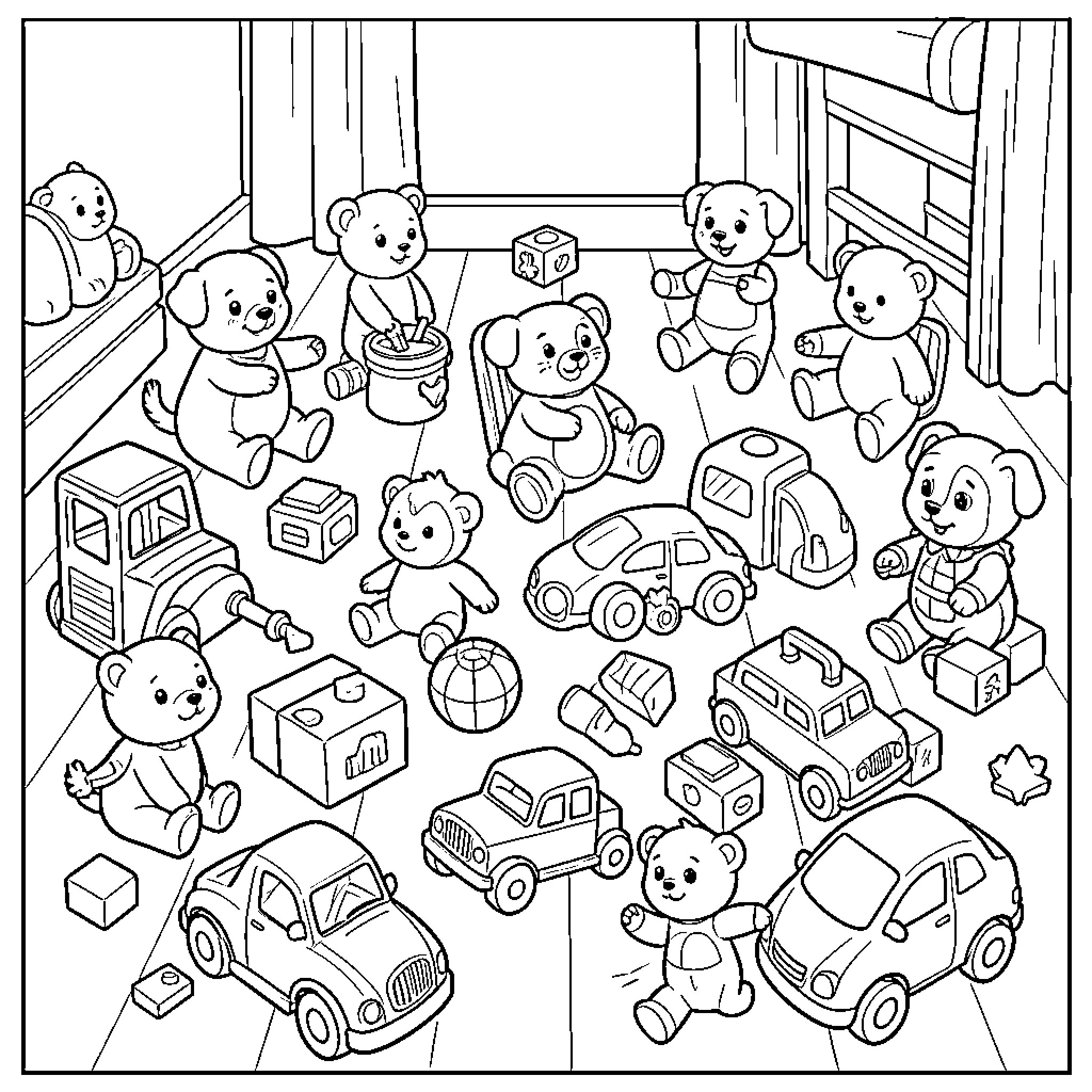 Toy animals playing with cars and blocks on floor Coloring Page (free black-and-white line drawing printable PDF for all, from beginners to advanced learners, including children, teens, adults, and seniors)