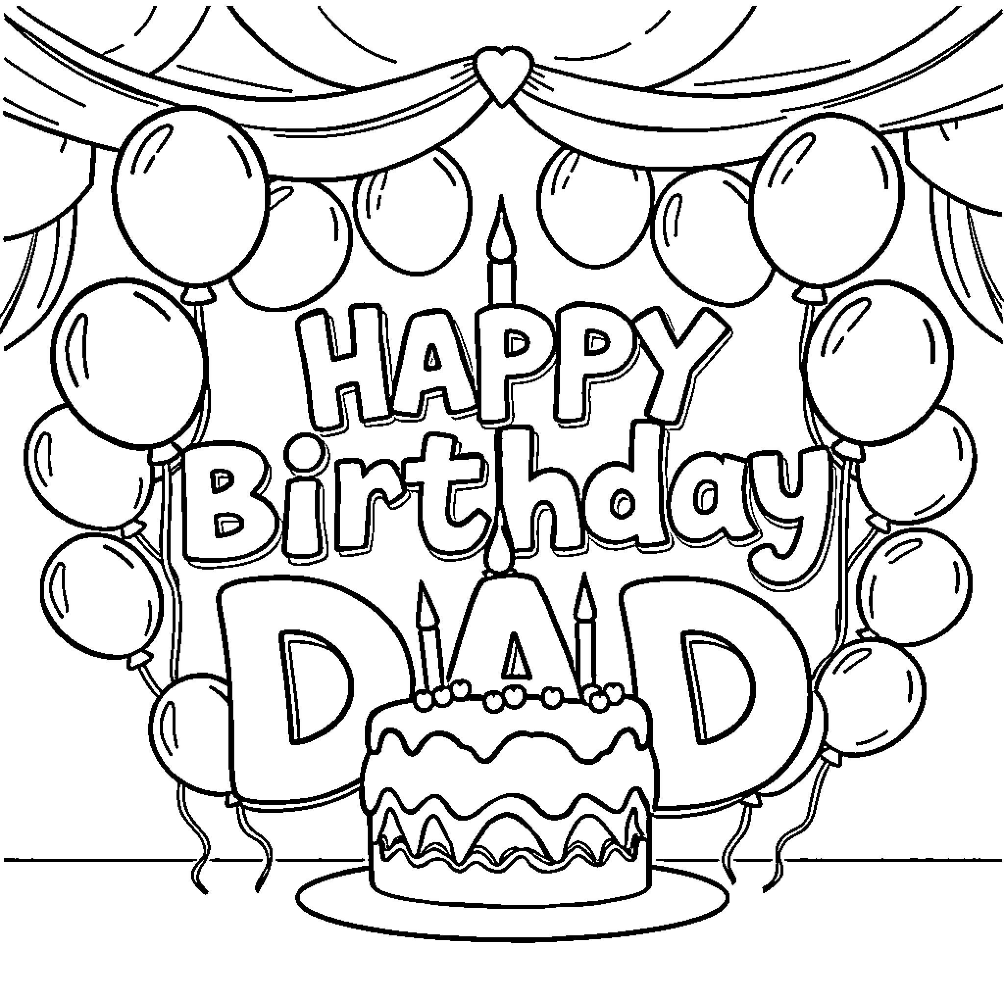 Dad's Happy Birthday Celebration with Cake and Balloons Coloring Page (free black-and-white line drawing printable PDF for all, from beginners to advanced learners, including children, teens, adults, and seniors)