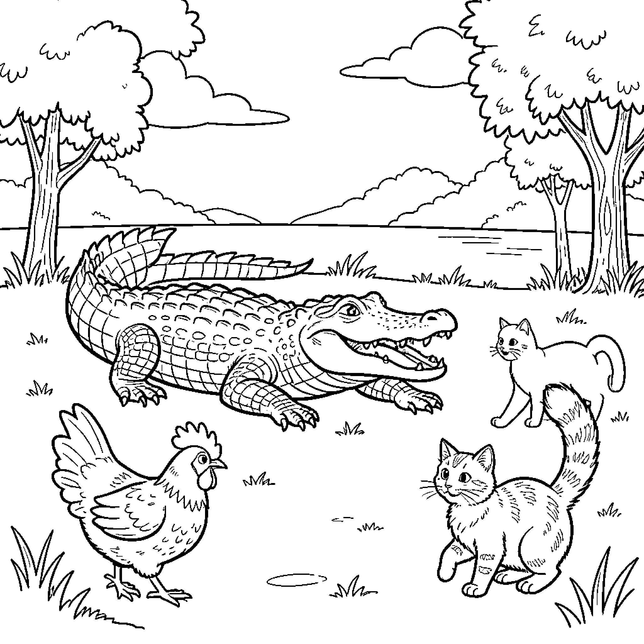 Crocodile interacting with a chicken and two cats Coloring Page (free black-and-white line drawing printable PDF for all, from beginners to advanced learners, including children, teens, adults, and seniors)