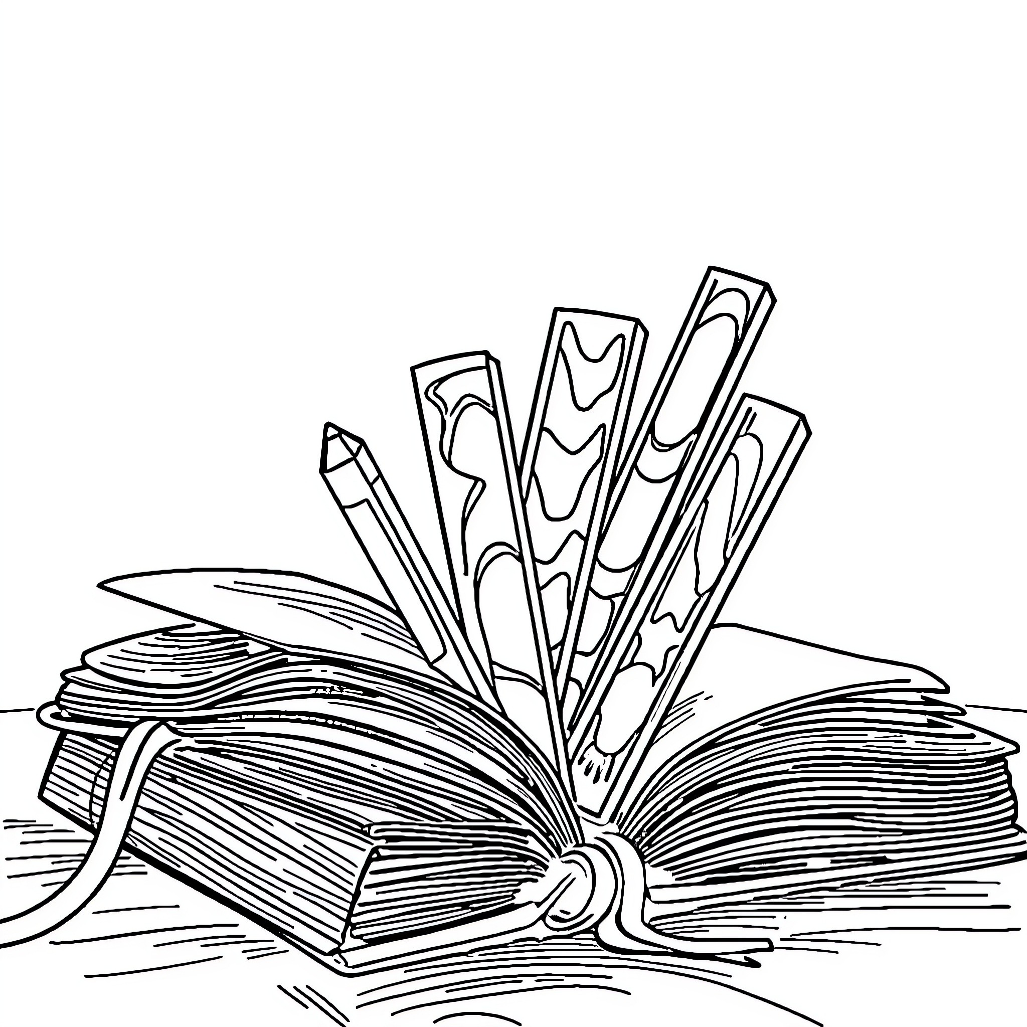 Bookmark featuring an open book with abstract shapes Coloring Page (free black-and-white line drawing printable PDF for all, from beginners to advanced learners, including children, teens, adults, and seniors)
