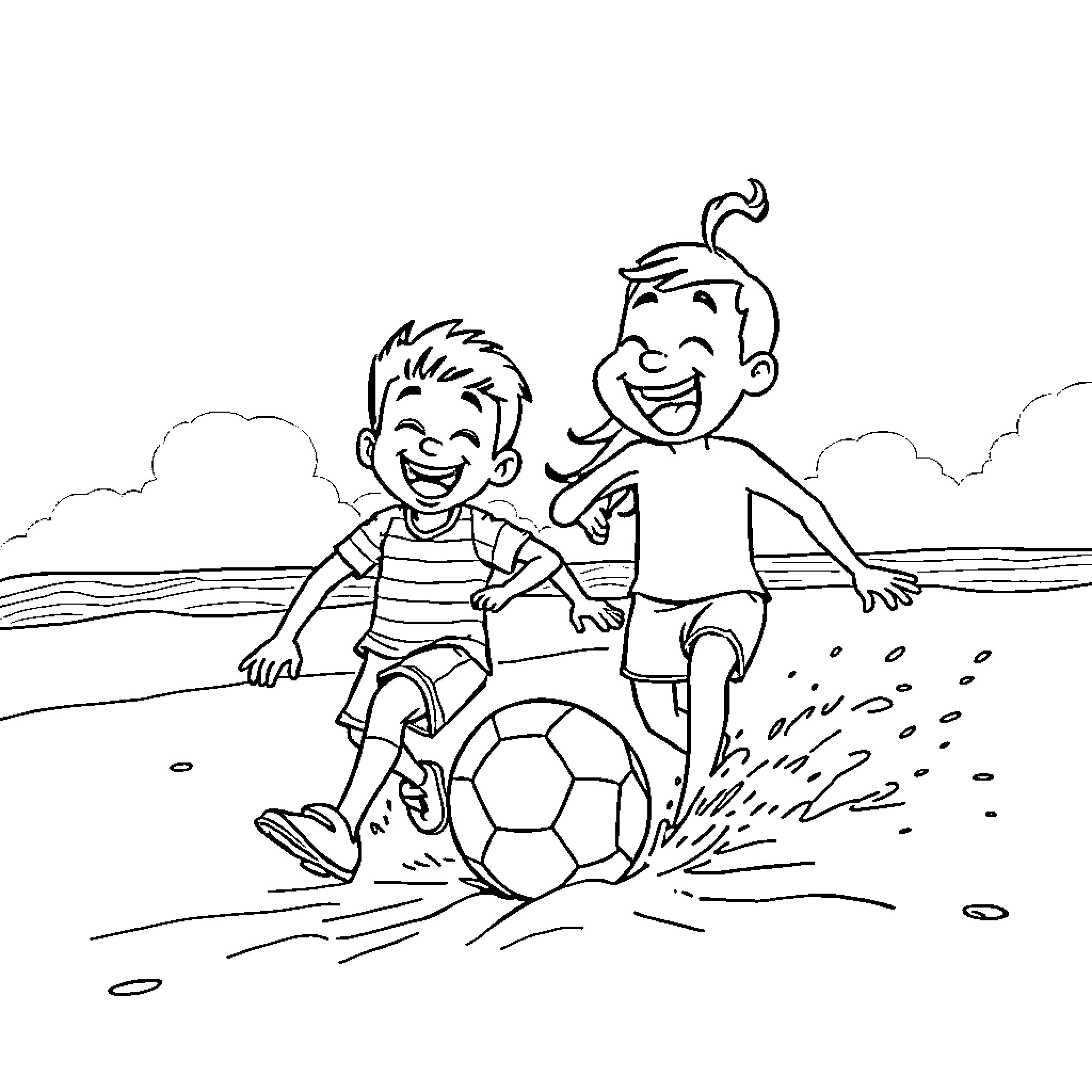 Bing Boys playing soccer happily on the beach Coloring Page (free black-and-white line drawing printable PDF for all, from beginners to advanced learners, including children, teens, adults, and seniors)