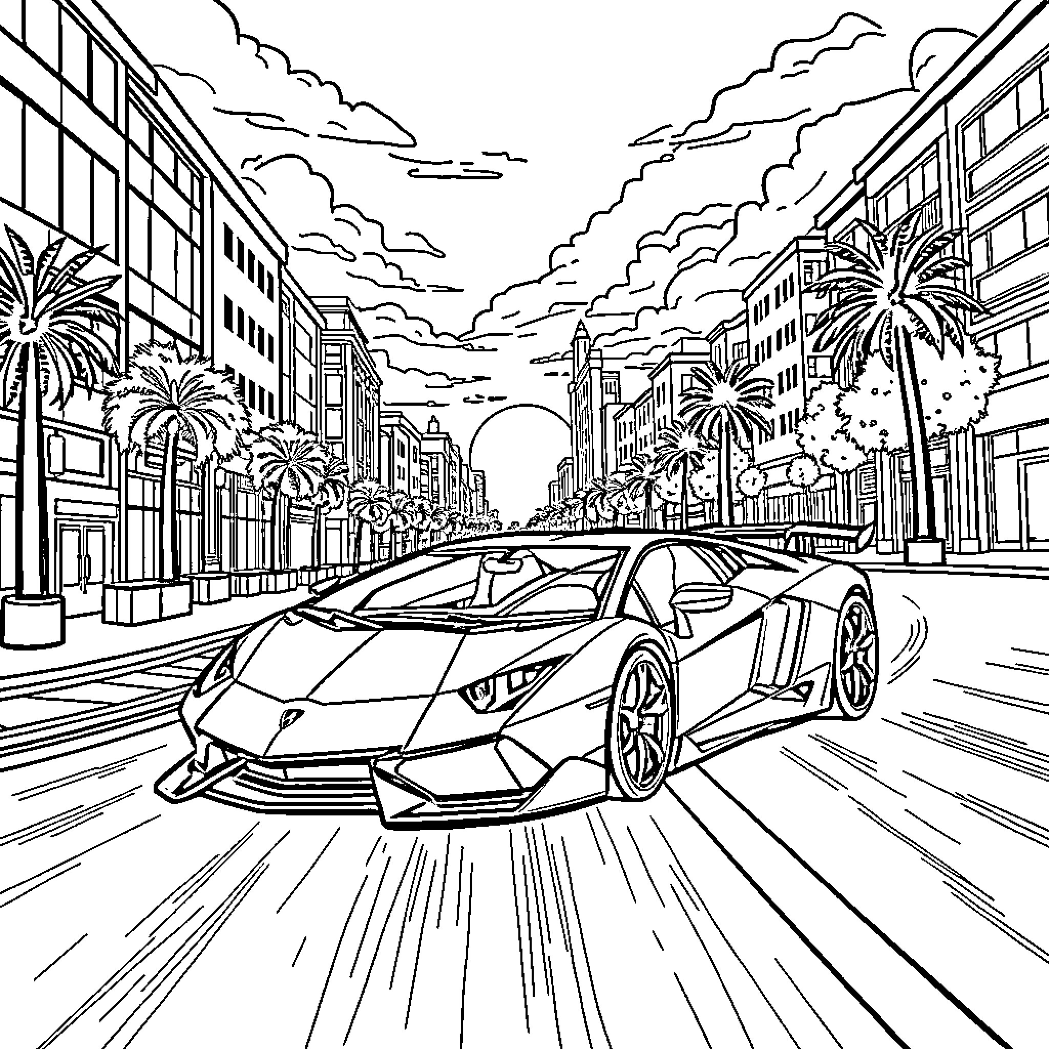 Lamborghini speeding through vibrant city street Coloring Page (free black-and-white line drawing printable PDF for all, from beginners to advanced learners, including children, teens, adults, and seniors)