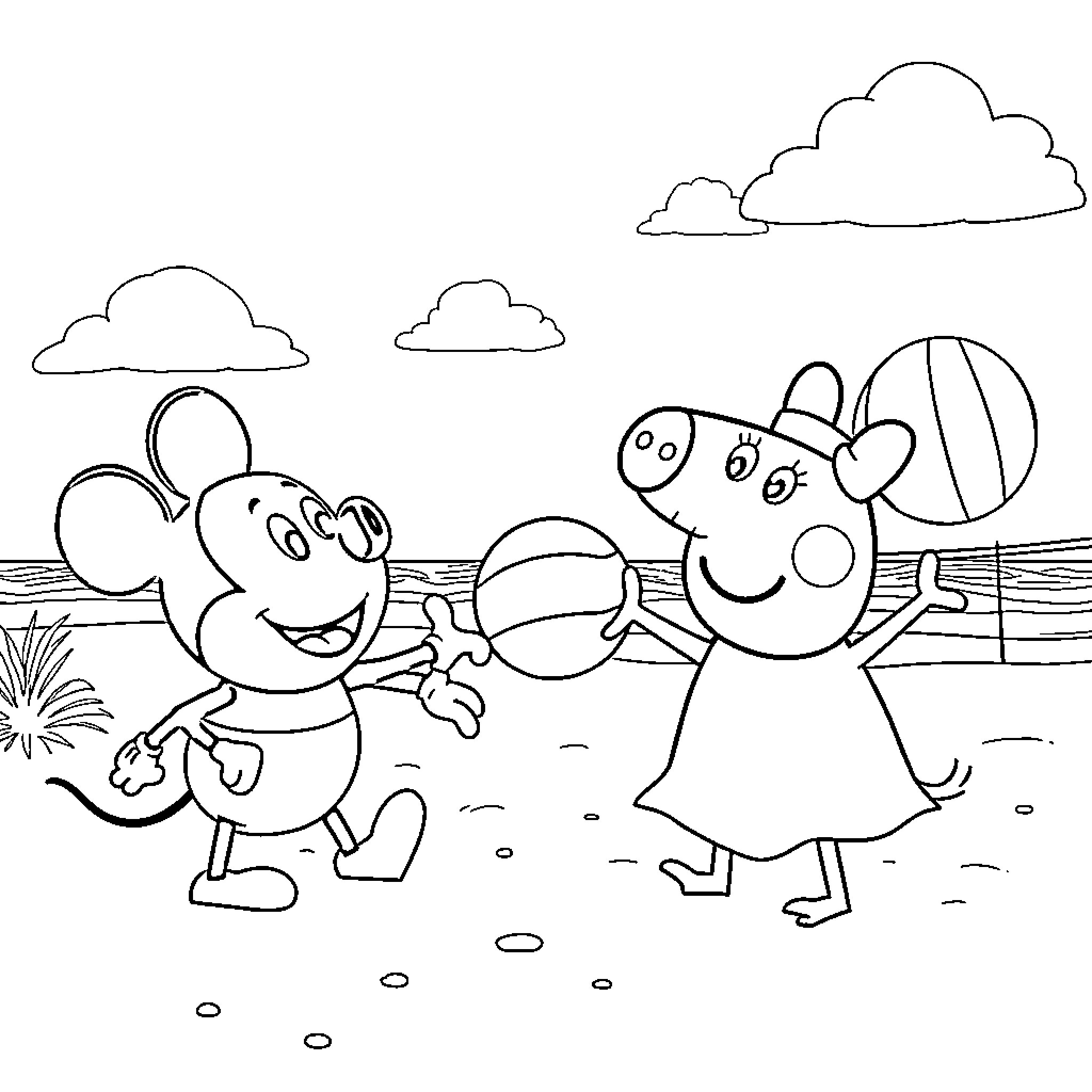 Peppa Pig and friends playing outdoors Coloring Page (free black-and-white line drawing printable PDF for all, from beginners to advanced learners, including children, teens, adults, and seniors)
