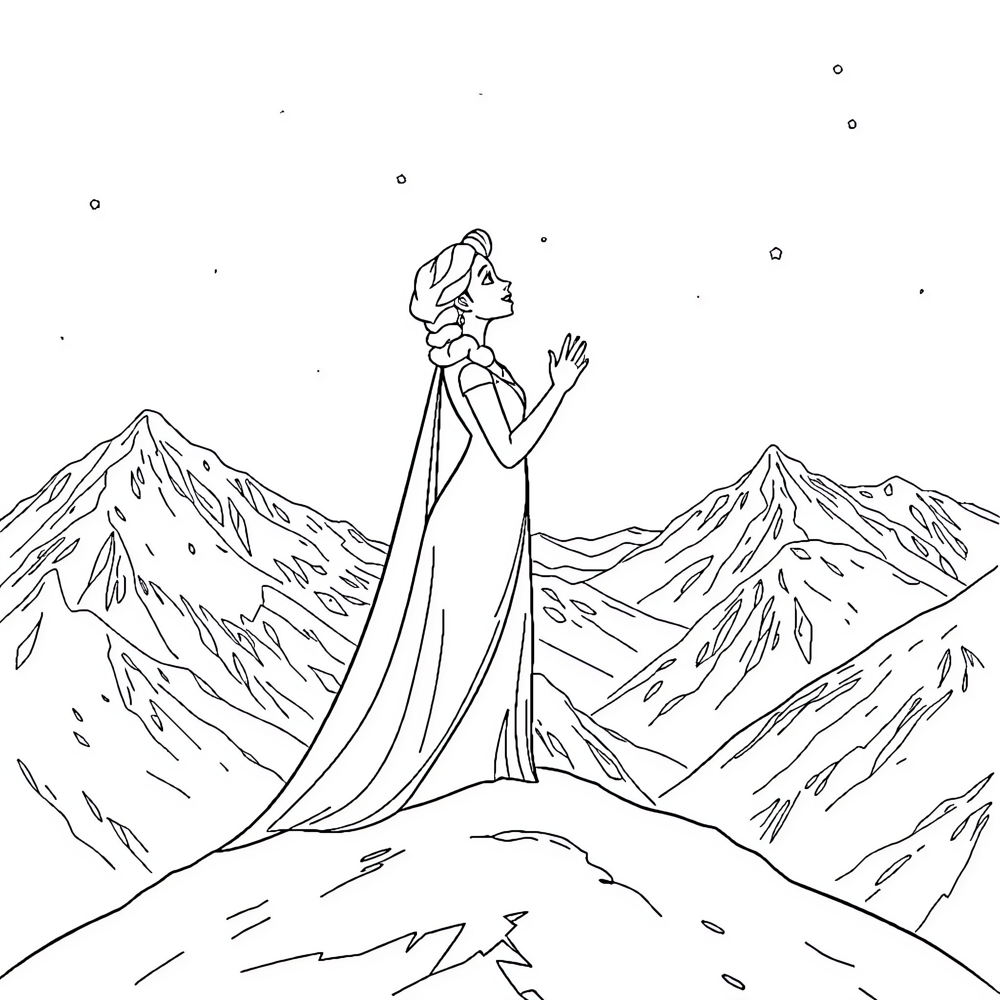 Elsa embracing the winter wonderland in the mountains Coloring Page (free black-and-white line drawing printable PDF for all, from beginners to advanced learners, including children, teens, adults, and seniors)