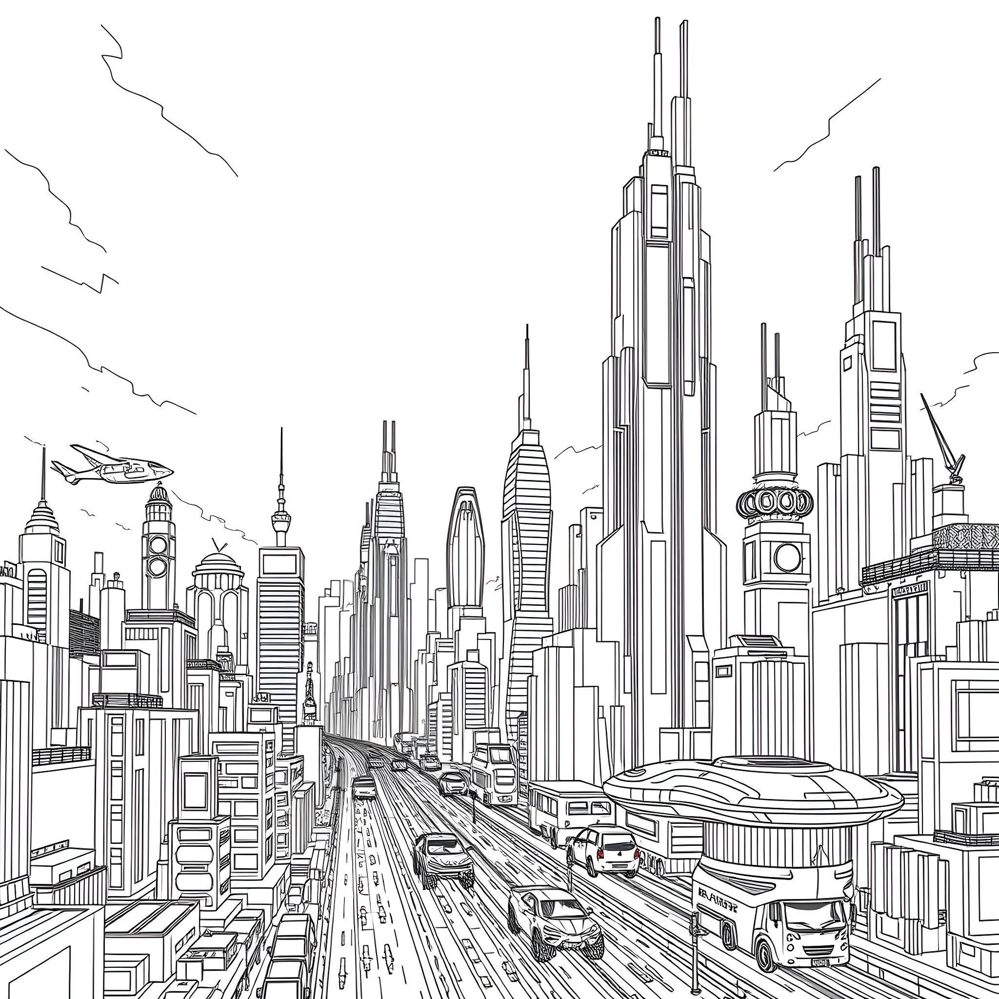 2025 Future Metropolis with Advanced Skyscrapers and Futuristic Transport Coloring Page (free black-and-white line drawing printable PDF for all, from beginners to advanced learners, including children, teens, adults, and seniors)