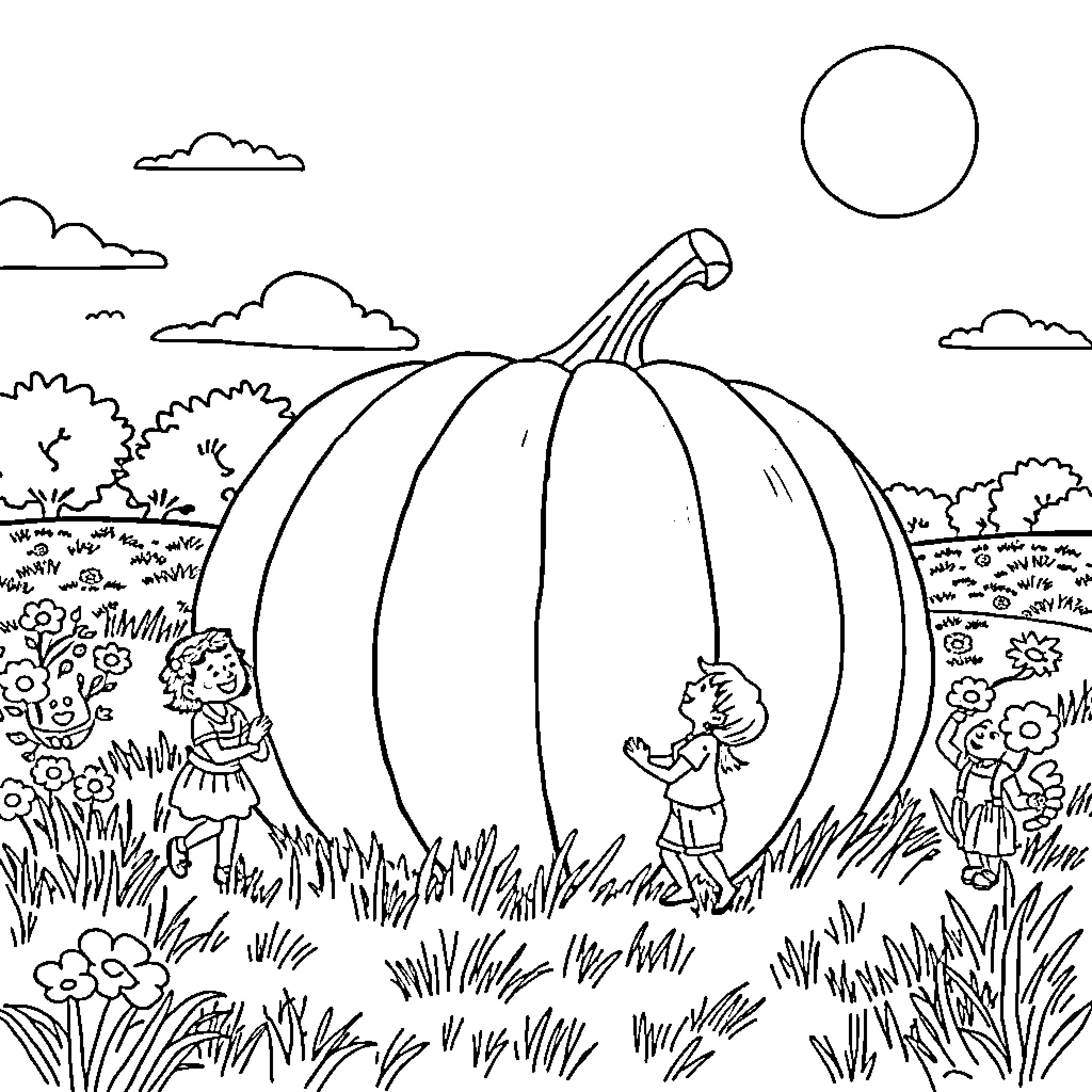 Pumpkin patch with children playing Coloring Page (free black-and-white line drawing printable PDF for all, from beginners to advanced learners, including children, teens, adults, and seniors)