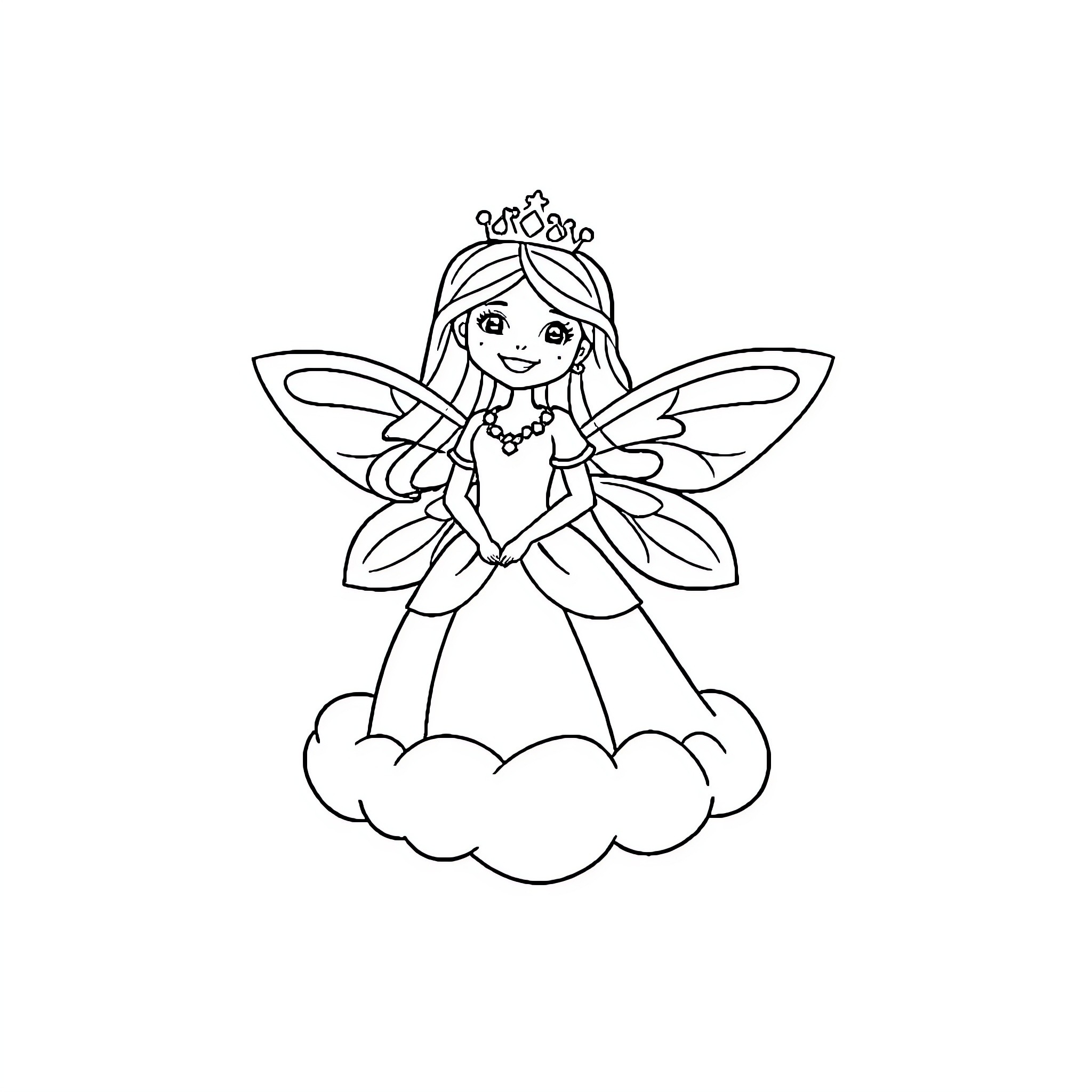 Princess Fairy Sitting on Clouds Coloring Page (free black-and-white line drawing printable PDF for all, from beginners to advanced learners, including children, teens, adults, and seniors)
