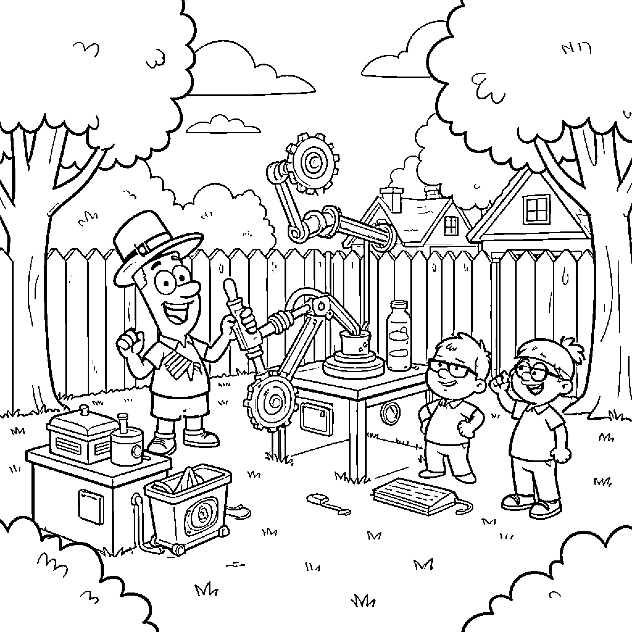 Phineas and friends building a complex mechanical invention Coloring Page (free black-and-white line drawing printable PDF for all, from beginners to advanced learners, including children, teens, adults, and seniors)