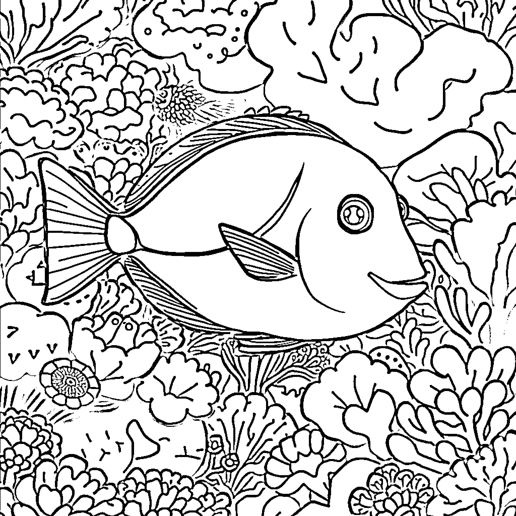 Tang fish swimming in a vibrant coral reef Coloring Page (free black-and-white line drawing printable PDF for all, from beginners to advanced learners, including children, teens, adults, and seniors)