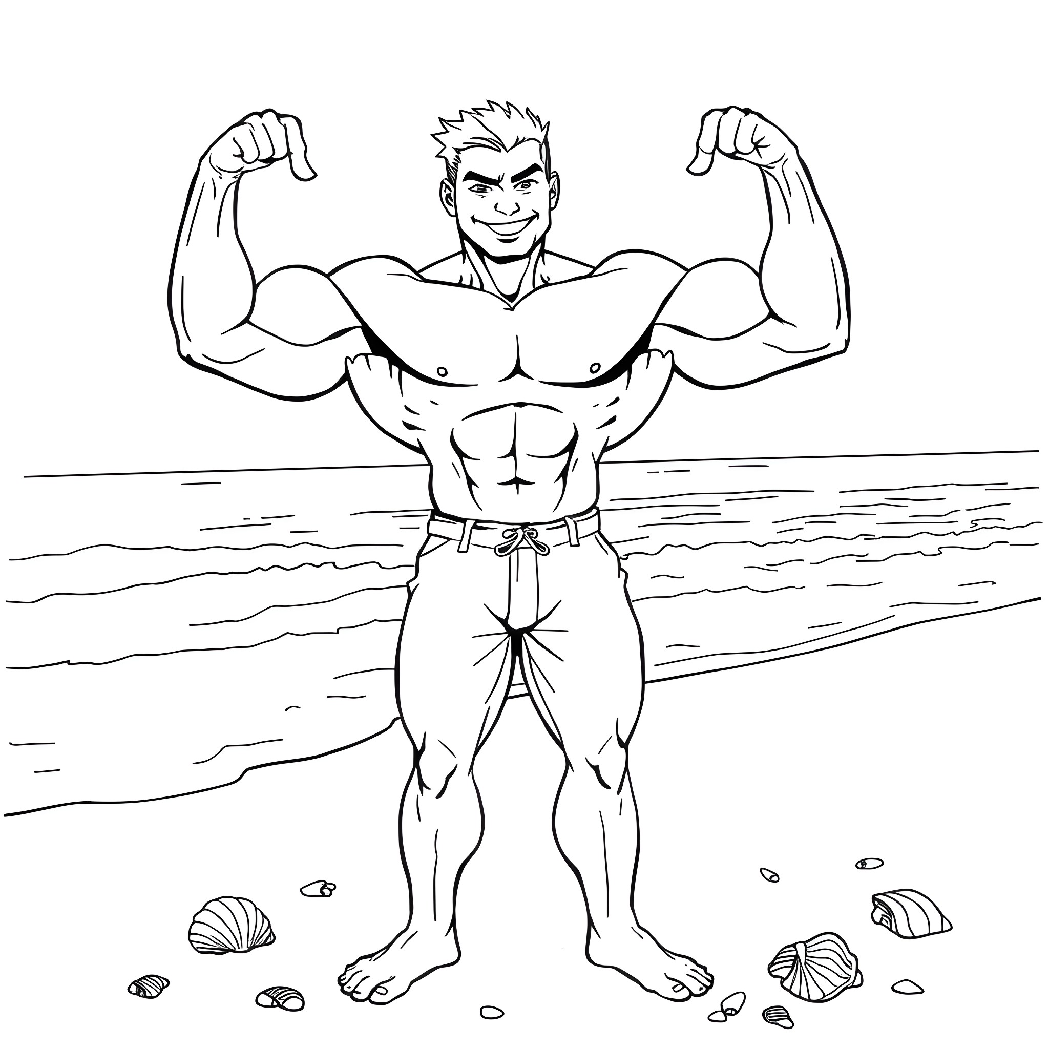 Muscleman Flexing His Muscles on the Beach Coloring Page (free black-and-white line drawing printable PDF for all, from beginners to advanced learners, including children, teens, adults, and seniors)