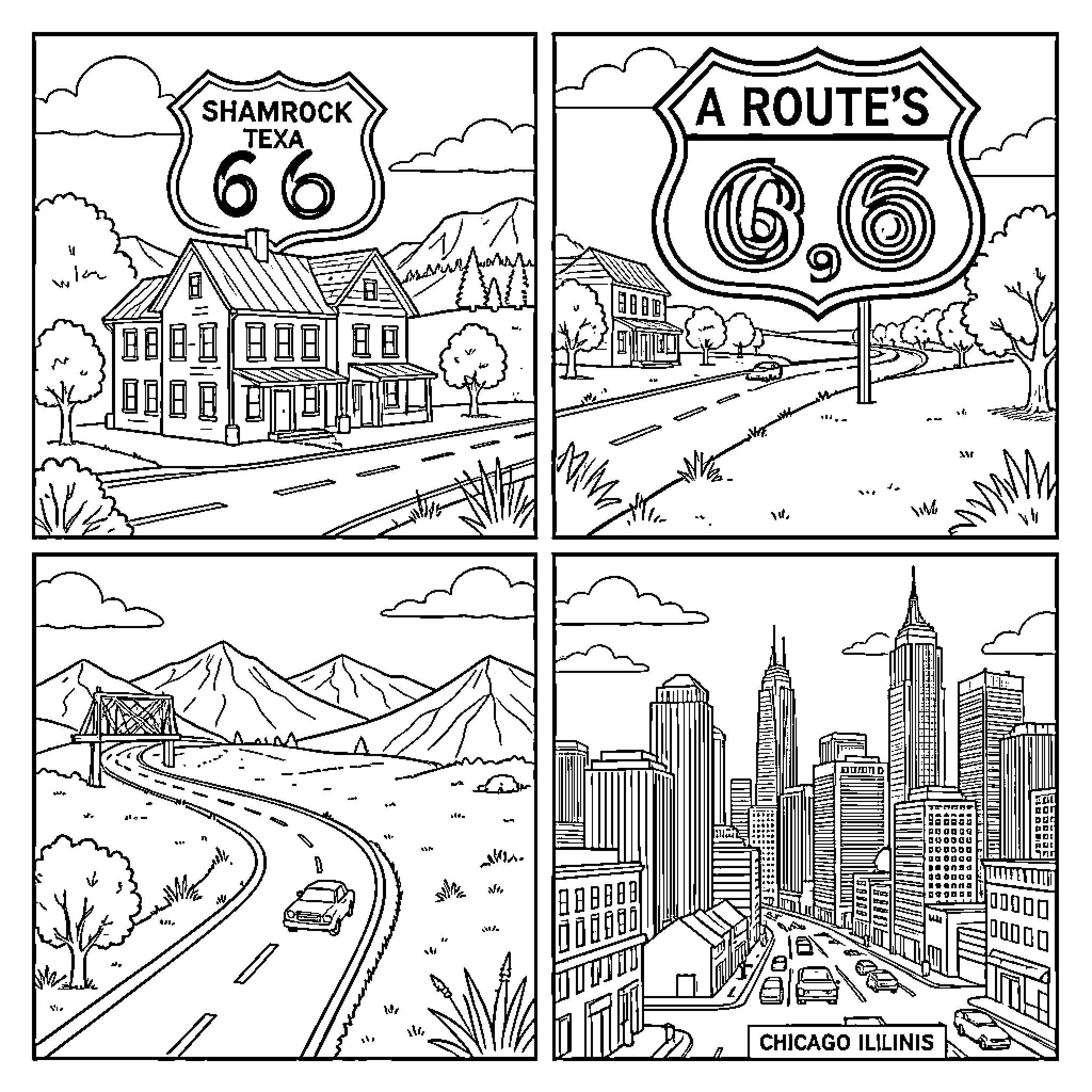 Route 66 traveling through landscapes and cityscapes Coloring Page (free black-and-white line drawing printable PDF for all, from beginners to advanced learners, including children, teens, adults, and seniors)