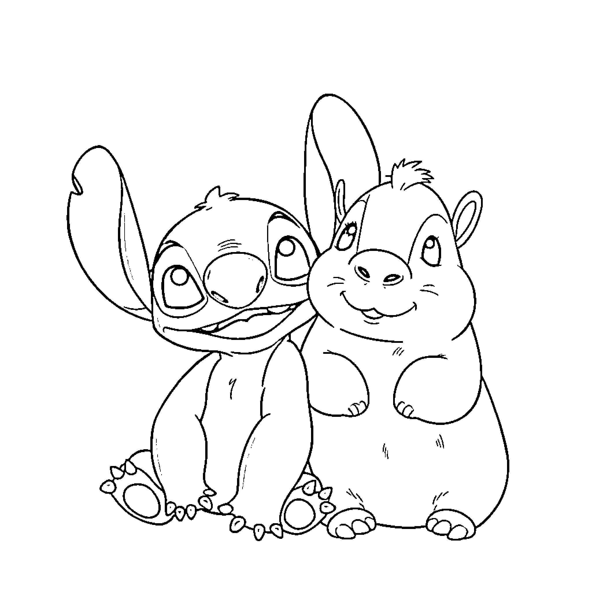 Stitch and Scrump embracing playfully Coloring Page (free black-and-white line drawing printable PDF for all, from beginners to advanced learners, including children, teens, adults, and seniors)