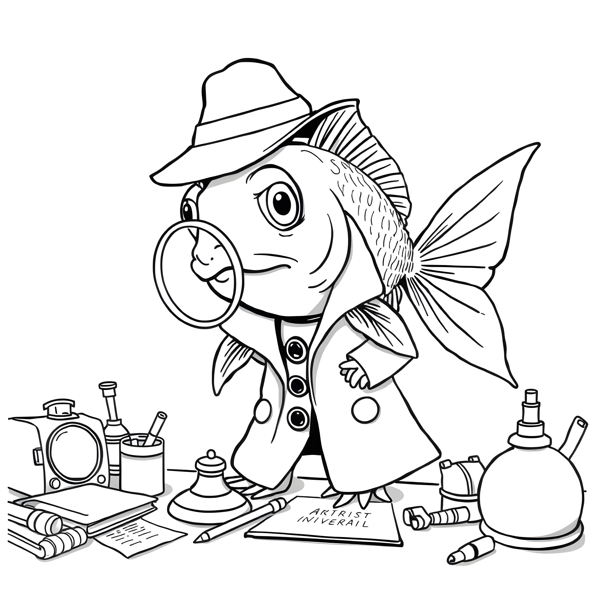 Goldfish detective with magnifying glass investigating Coloring Page (free black-and-white line drawing printable PDF for all, from beginners to advanced learners, including children, teens, adults, and seniors)