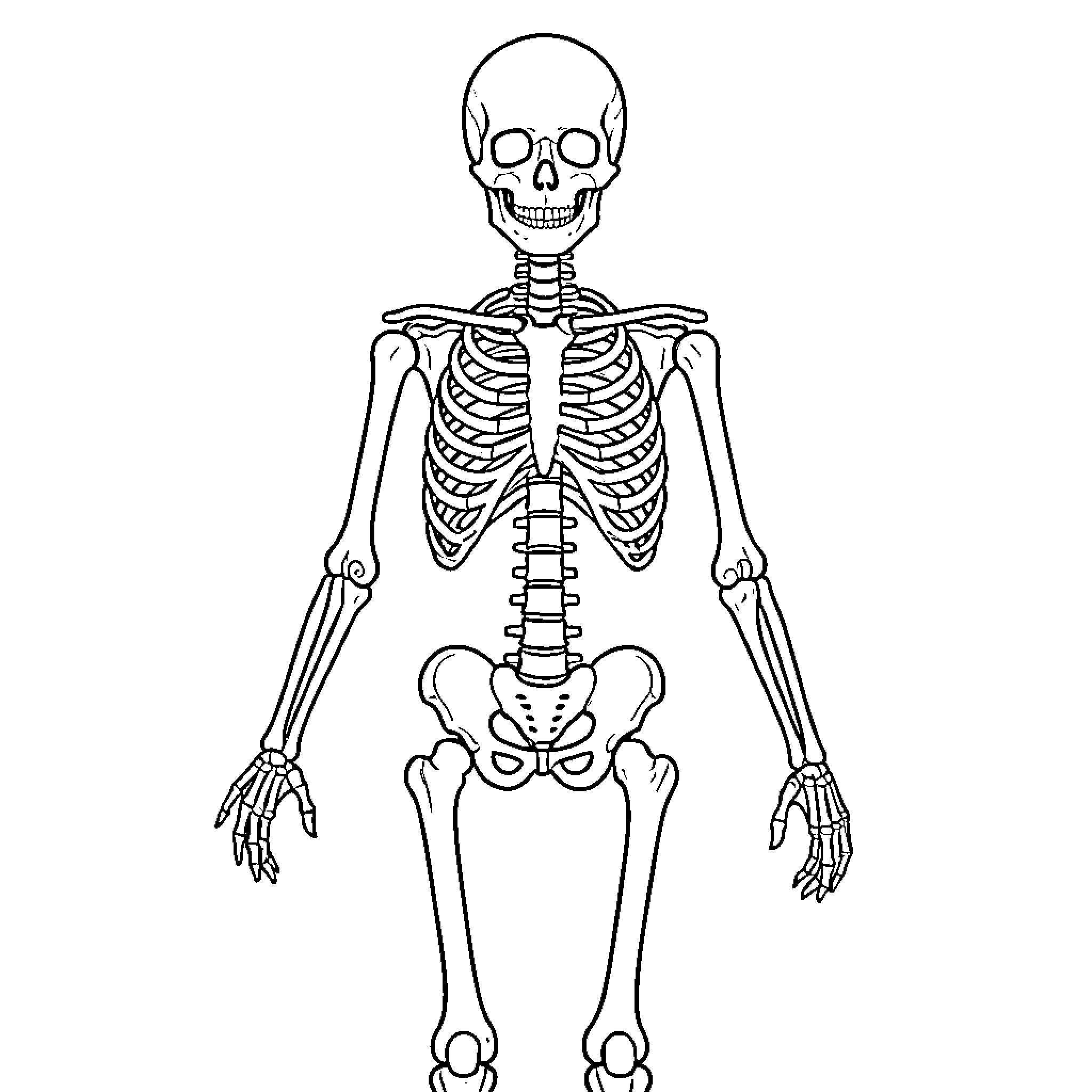 Skeleton standing in a neutral pose Coloring Page (free black-and-white line drawing printable PDF for all, from beginners to advanced learners, including children, teens, adults, and seniors)