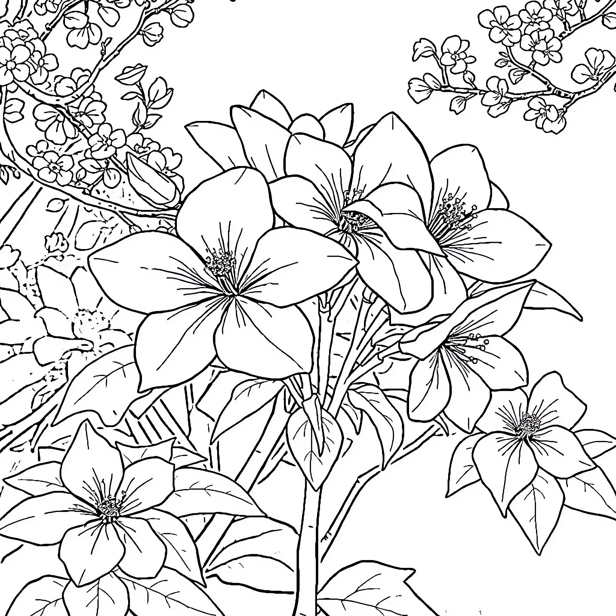 Sakura Blossoms in Elegant Floral Display Coloring Page (free black-and-white line drawing printable PDF for all, from beginners to advanced learners, including children, teens, adults, and seniors)