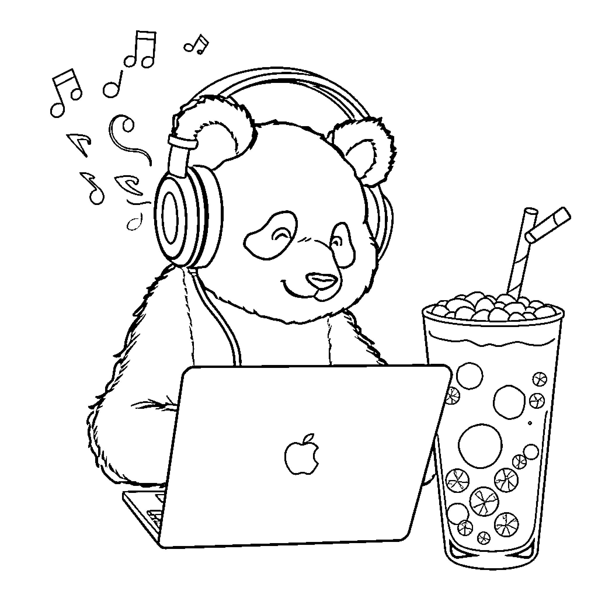 Panda enjoying music and drinks Coloring Page (free black-and-white line drawing printable PDF for all, from beginners to advanced learners, including children, teens, adults, and seniors)