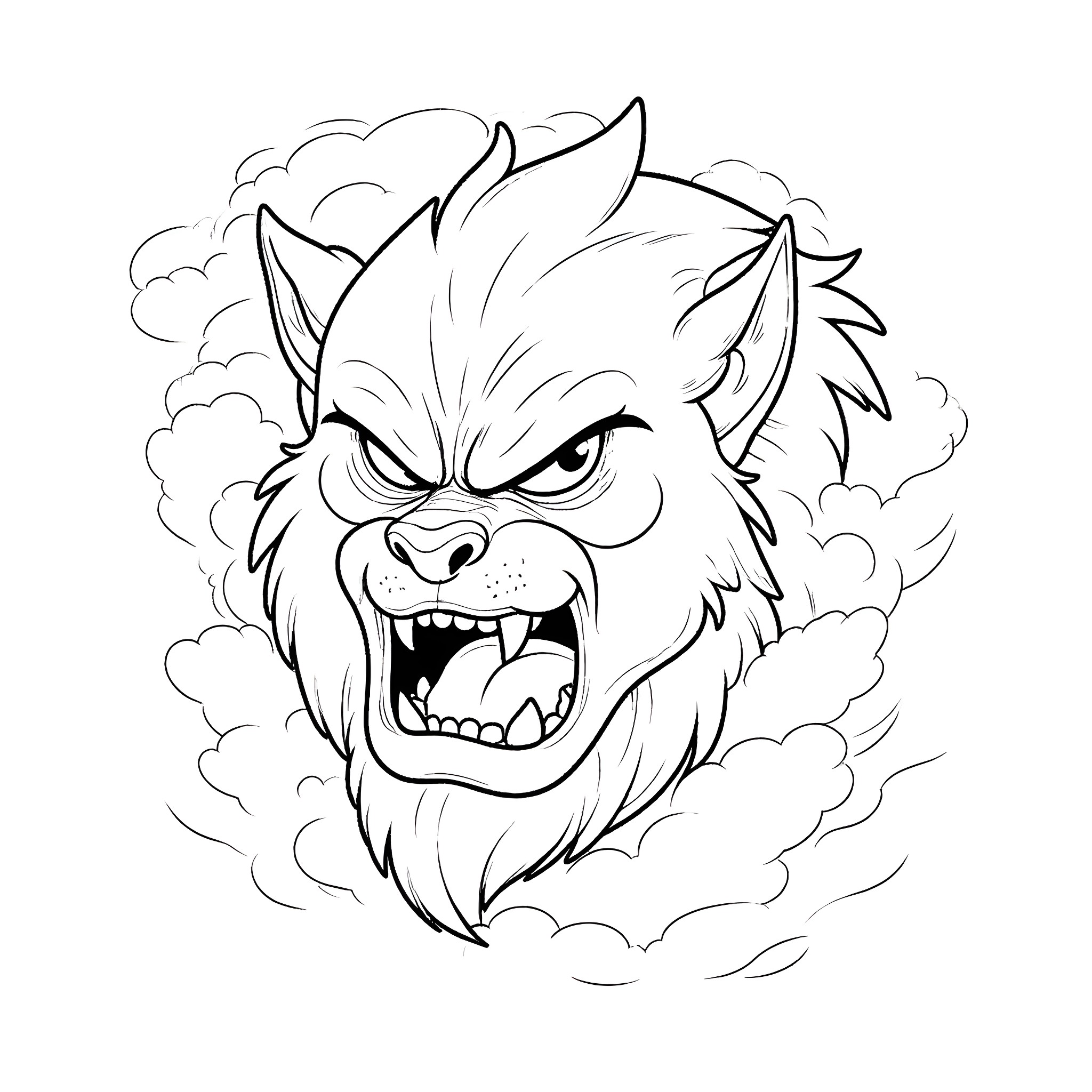 Face of a Fierce Werewolf Emerging from Clouds Coloring Page (free black-and-white line drawing printable PDF for all, from beginners to advanced learners, including children, teens, adults, and seniors)