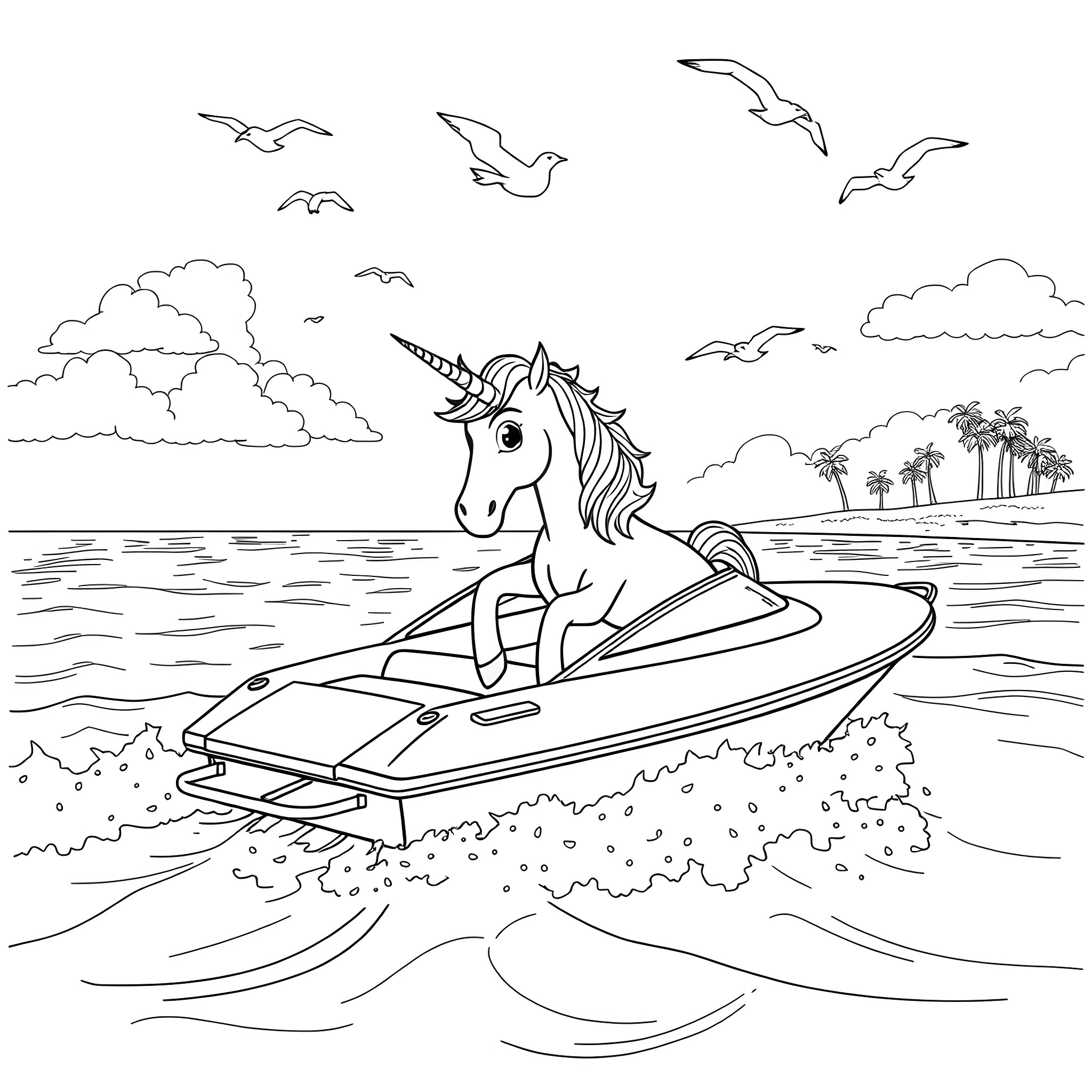 Unicorn riding a jetski in tropical paradise Coloring Page (free black-and-white line drawing printable PDF for all, from beginners to advanced learners, including children, teens, adults, and seniors)