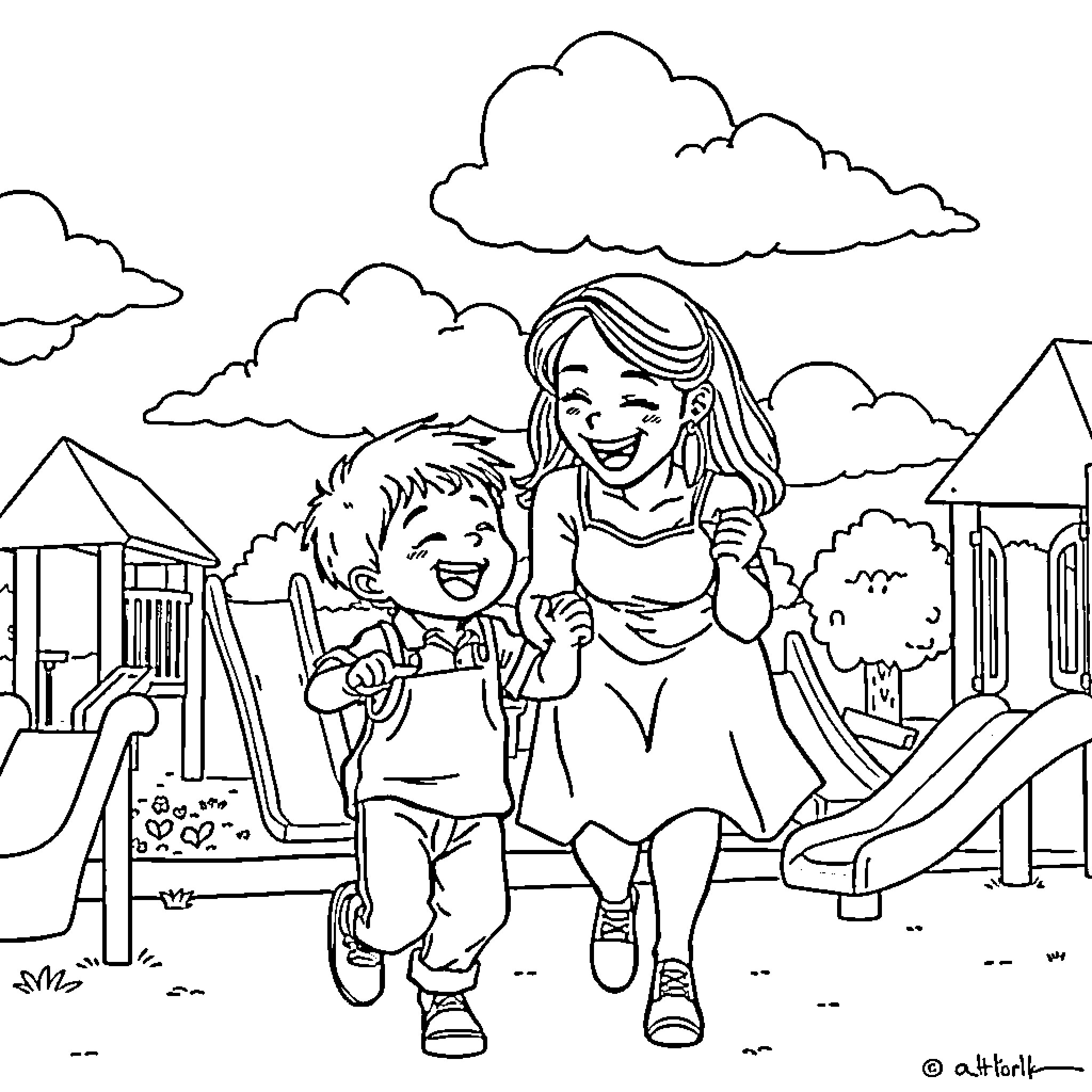 Boy and girl playing happily at the playground Coloring Page (free black-and-white line drawing printable PDF for all, from beginners to advanced learners, including children, teens, adults, and seniors)
