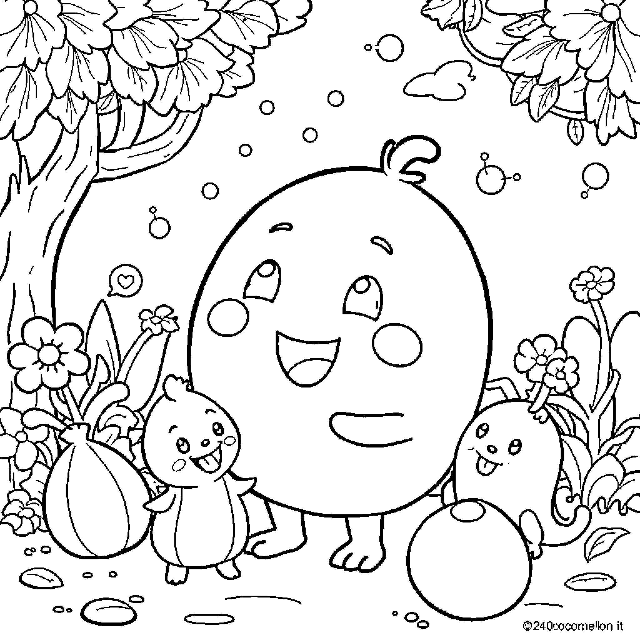 Cocomelon Jelly and Friends in Flower Garden Coloring Page (free black-and-white line drawing printable PDF for all, from beginners to advanced learners, including children, teens, adults, and seniors)