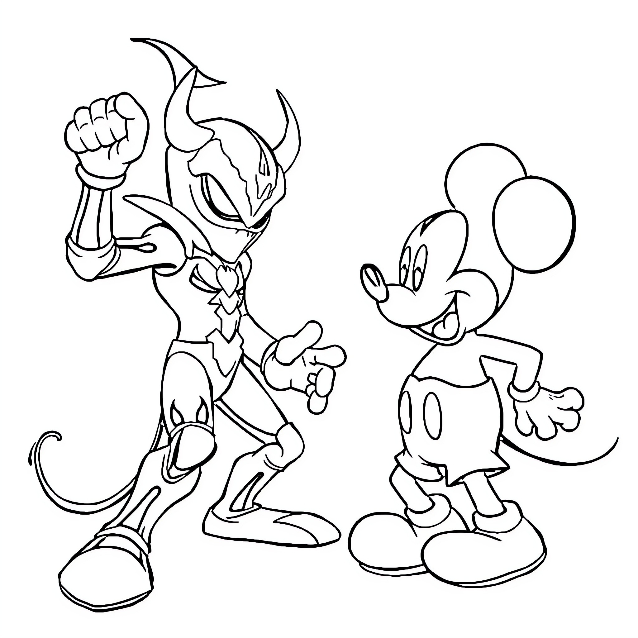 Spawn Confronts Iconic Mouse in Bold Encounter Coloring Page (free black-and-white line drawing printable PDF for all, from beginners to advanced learners, including children, teens, adults, and seniors)