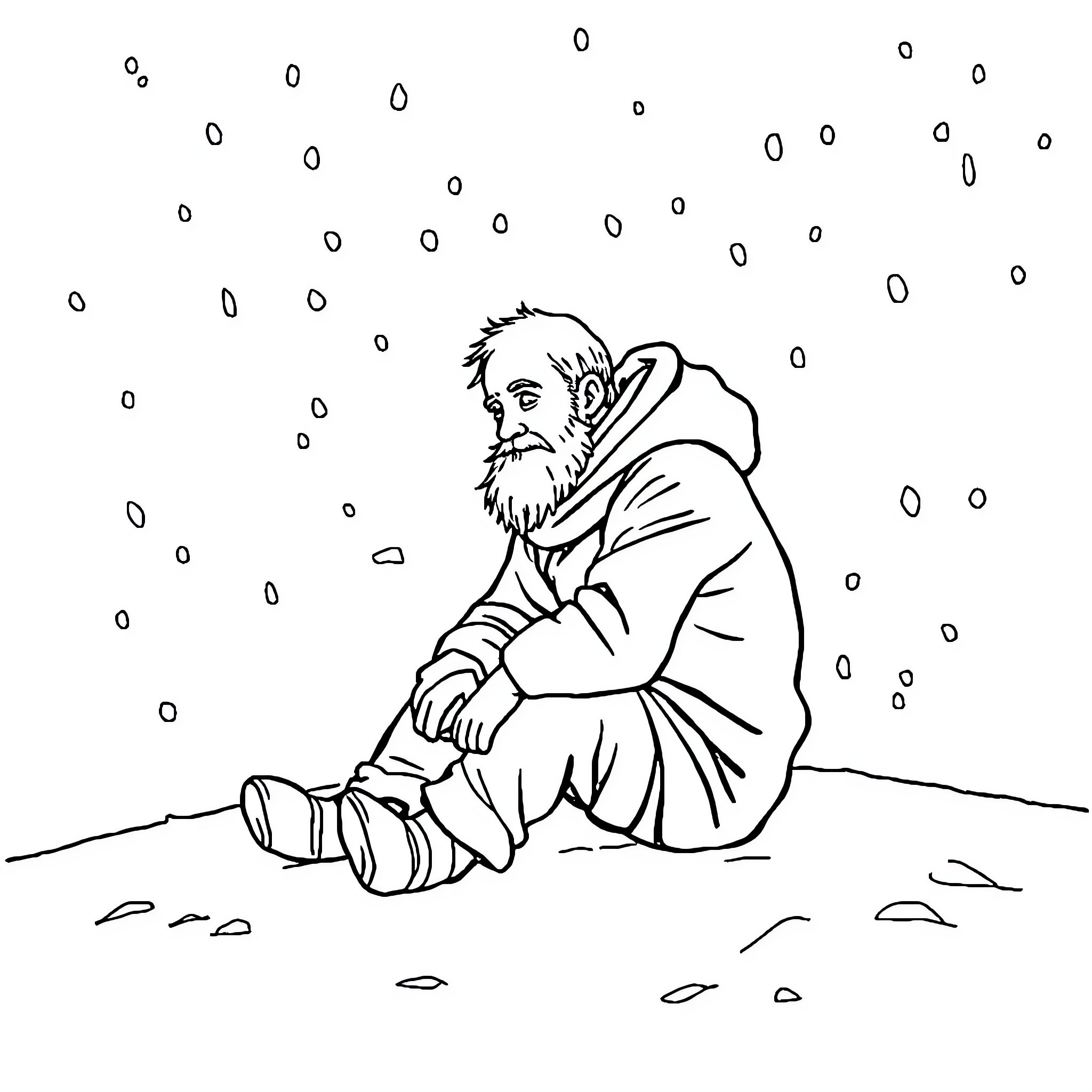 Picsou sitting alone in the snow Coloring Page (free black-and-white line drawing printable PDF for all, from beginners to advanced learners, including children, teens, adults, and seniors)