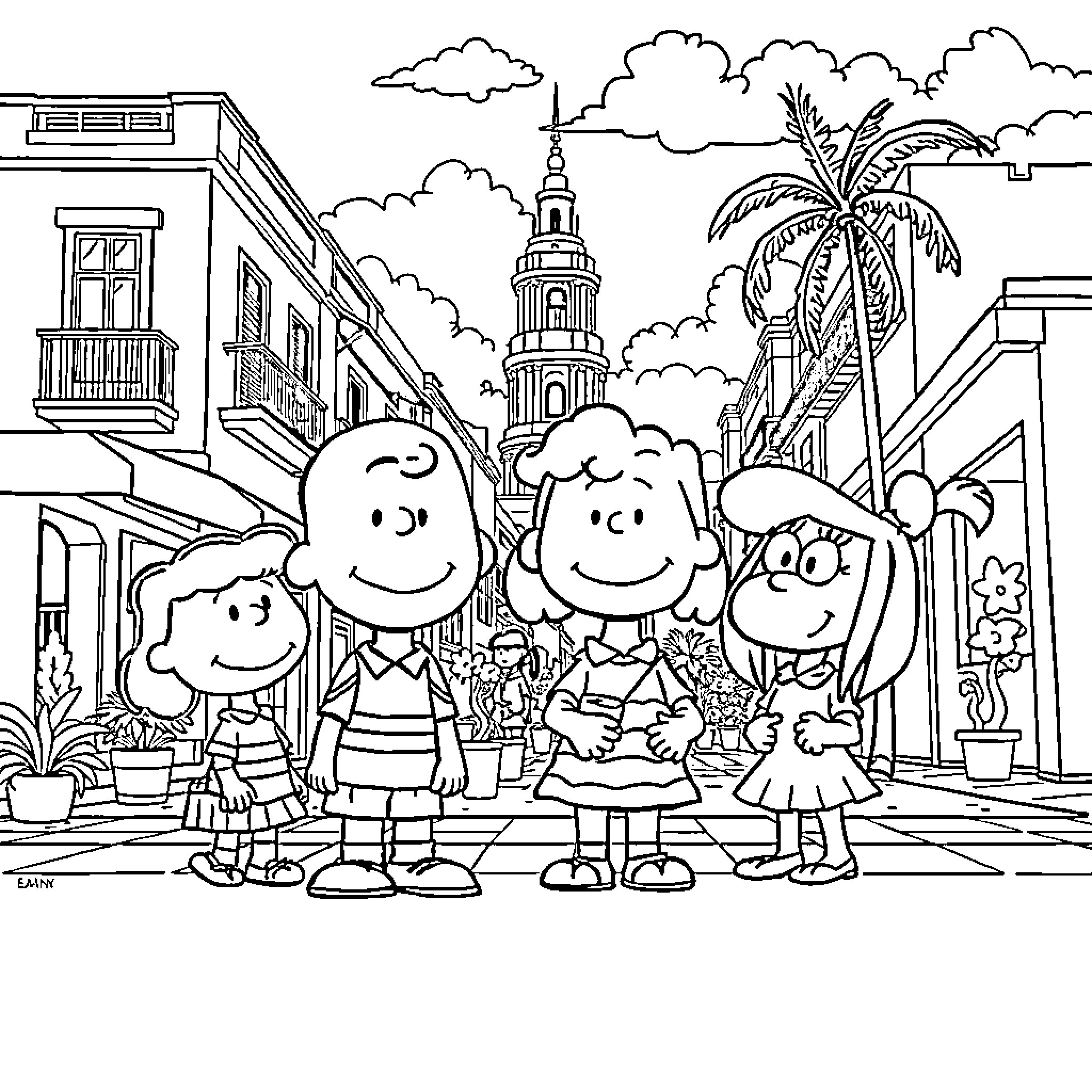 Charlie Brown and friends explore a lively town Coloring Page (free black-and-white line drawing printable PDF for all, from beginners to advanced learners, including children, teens, adults, and seniors)