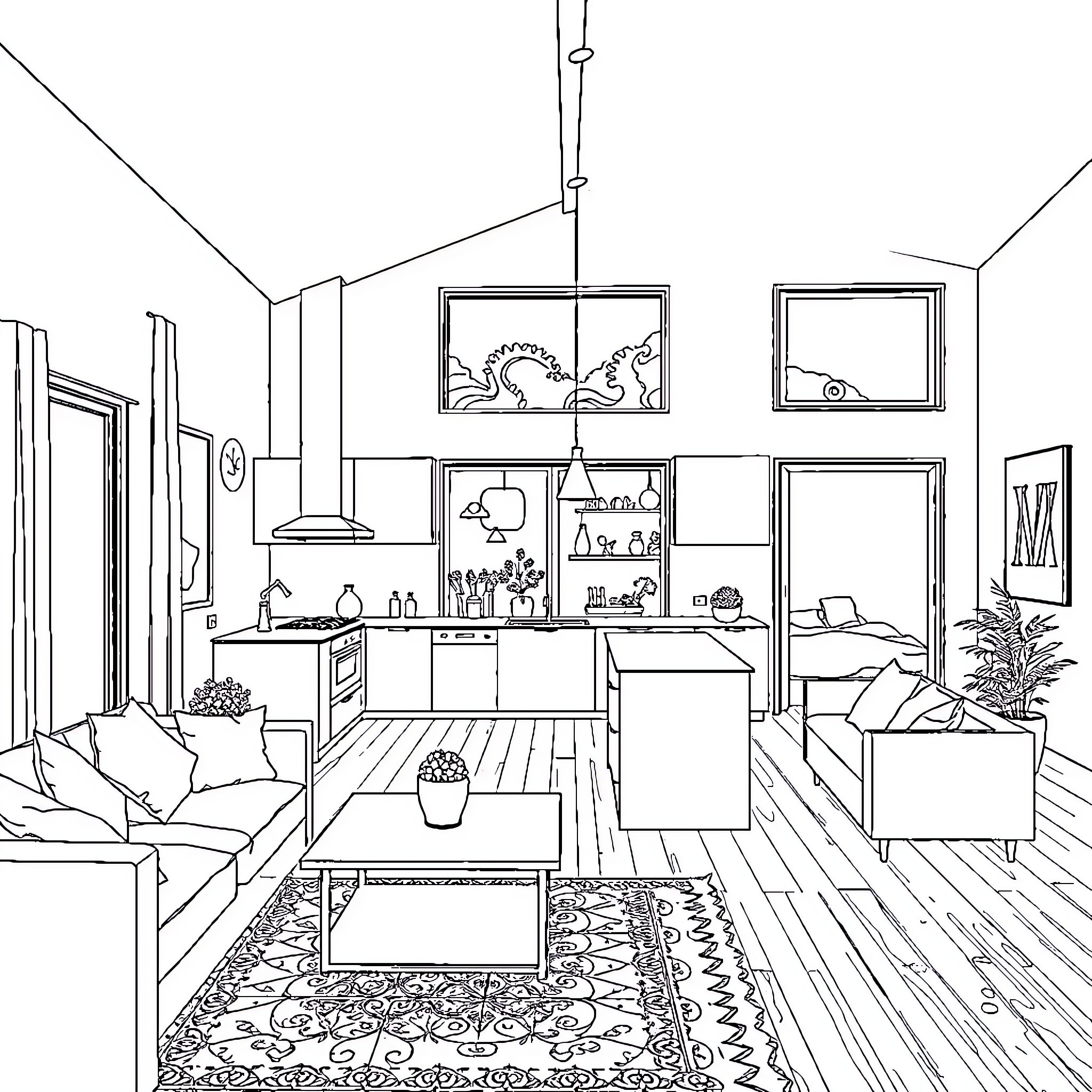 House with Cozy Furnishings and Decorative Accents Coloring Page (free black-and-white line drawing printable PDF for all, from beginners to advanced learners, including children, teens, adults, and seniors)